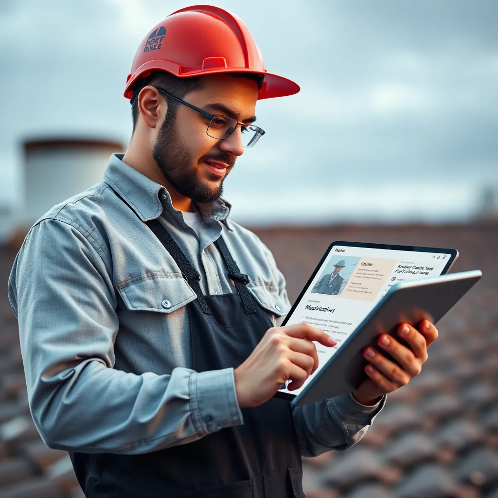 A professional roofer using a tablet with a user-friendly interface to manage sales appointments, track leads, and generate proposals. The scene emphasizes efficiency and speed, highlighting the benefits of AI-powered tools for streamlined sales.