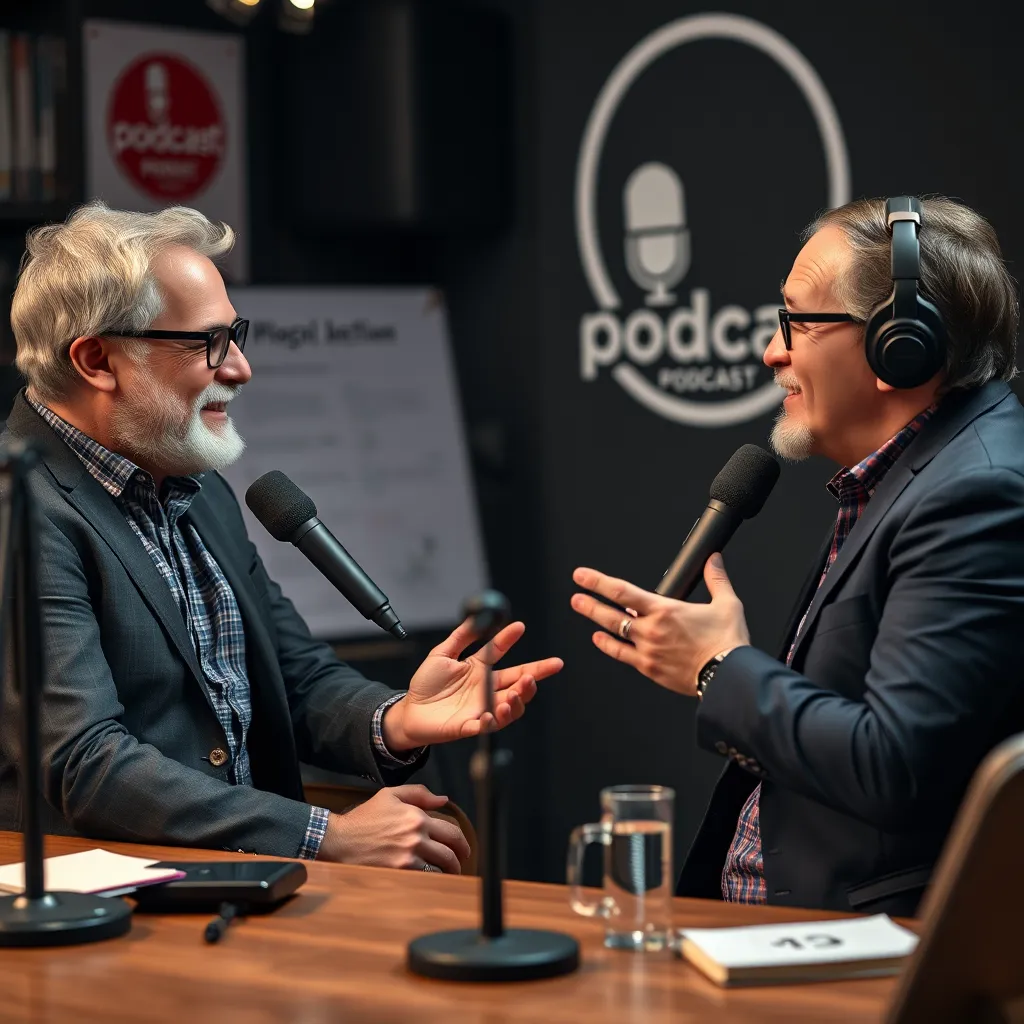 A professional setting with a local business owner having a conversation with an industry expert, both engaged in a lively discussion. The background features microphones, recording equipment, and a podcast logo, highlighting the collaborative aspect of building expertise and credibility.