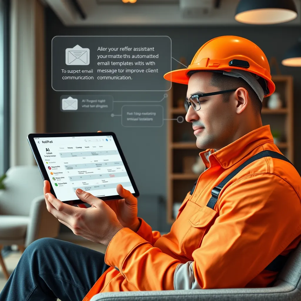A roofer in a work uniform sitting in a stylish office setting using a tablet with an AI-powered calendar app displaying appointments and client details. The background shows a virtual assistant with an AI interface suggesting automated email templates and messages to improve client communication.