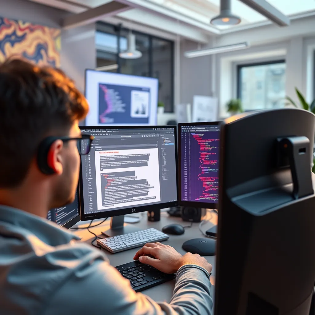 A scene depicting a developer working on a website code, making adjustments to ensure accessibility compliance. The developer should be using a computer with multiple screens, displaying code, website mockups, and accessibility guidelines. The room should be a modern and vibrant workspace with a mix of natural and artificial lighting. The developer should be focused and engaged, highlighting their expertise in implementing accessibility solutions. The code should be visible, showcasing the process of fixing accessibility issues. The website mockups should reflect the improvements made, demonstrating the impact of remediation. The image should convey a sense of action, progress, and expert problem-solving, highlighting the dedication to creating accessible and inclusive digital experiences.