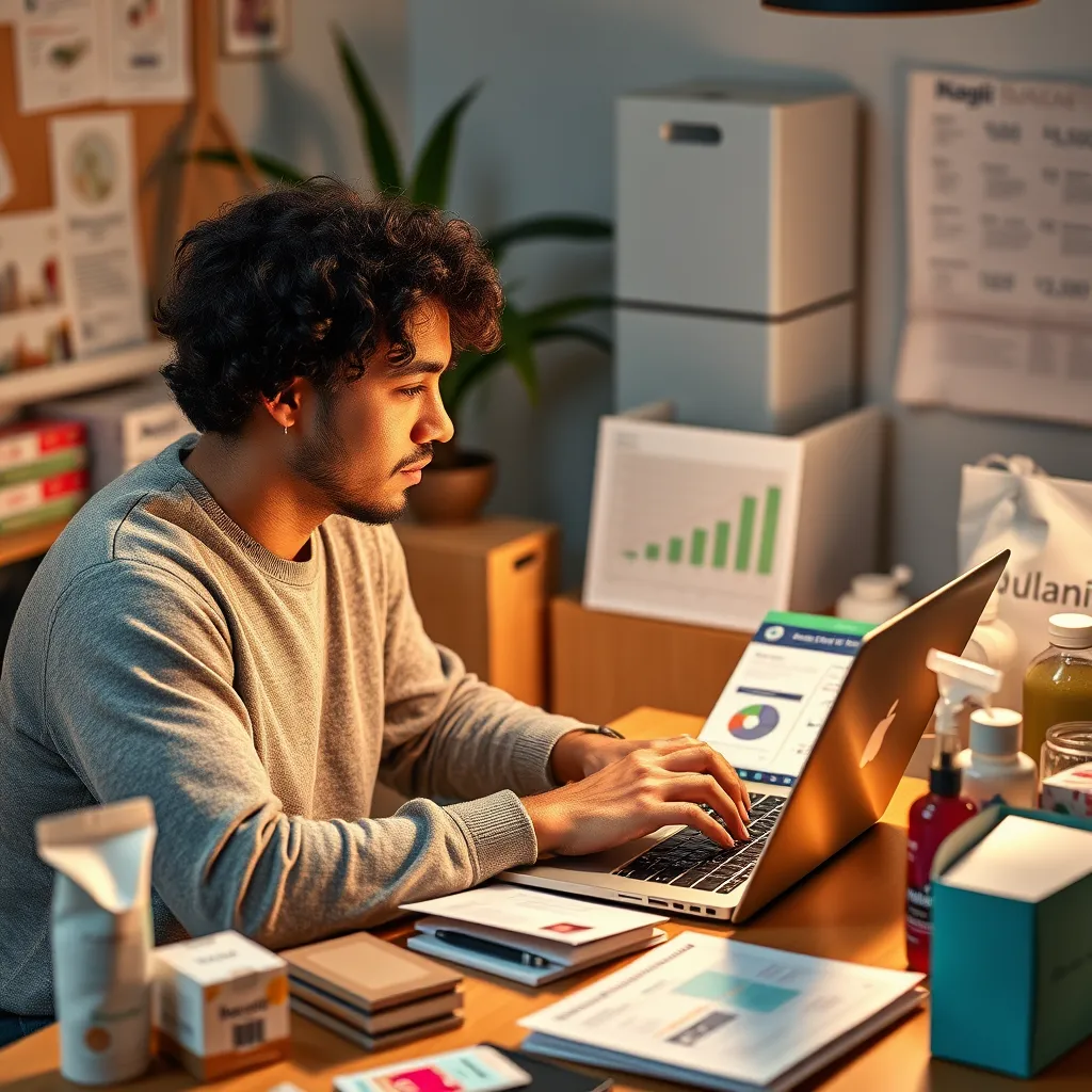 A scene depicting an influencer working on a laptop, analyzing data and marketing strategies, surrounded by packaging materials and branded products. The image should convey a sense of entrepreneurial success and the support provided by Brandix.