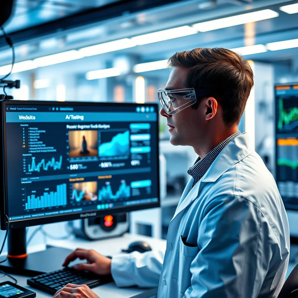 A scientist wearing lab coat and goggles is looking at a computer screen displaying two website designs side by side. The screen is showing data analysis and results of A/B testing. The scientist is surrounded by a futuristic laboratory with advanced equipment and data visualizations.