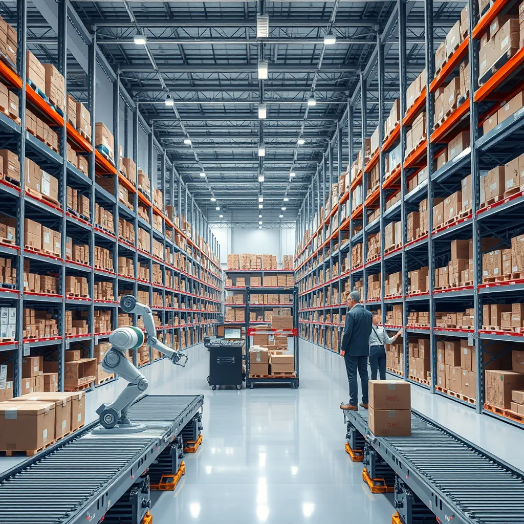 A serene and efficient image depicting the automation and optimization of e-commerce processes within the Brandix Partnership Program. Capture a clean, modern warehouse space filled with neatly organized shelves stocked with various products. Highlight the efficiency of automated workflows by showcasing robots and conveyor systems seamlessly moving packages from storage to shipping stations. Depict a team of skilled logistics professionals working collaboratively, utilizing advanced software platforms to track orders, manage inventory, and ensure timely deliveries. The lighting should be bright and well-lit, emphasizing the clean and organized environment. The color palette should be cool and calming, reflecting the efficiency and precision of the automated systems.  The composition should focus on the seamless integration of technology and human expertise, showcasing the streamlined and automated nature of the e-commerce operations. Render the image in 8K resolution with exceptional detail, highlighting the intricate mechanics of the robots and conveyor systems, the functionality of the software platforms, and the meticulous organization of the warehouse space. Style the image with a futuristic, minimalist aesthetic, inspired by the clean lines and advanced technology showcased in contemporary sci-fi films.