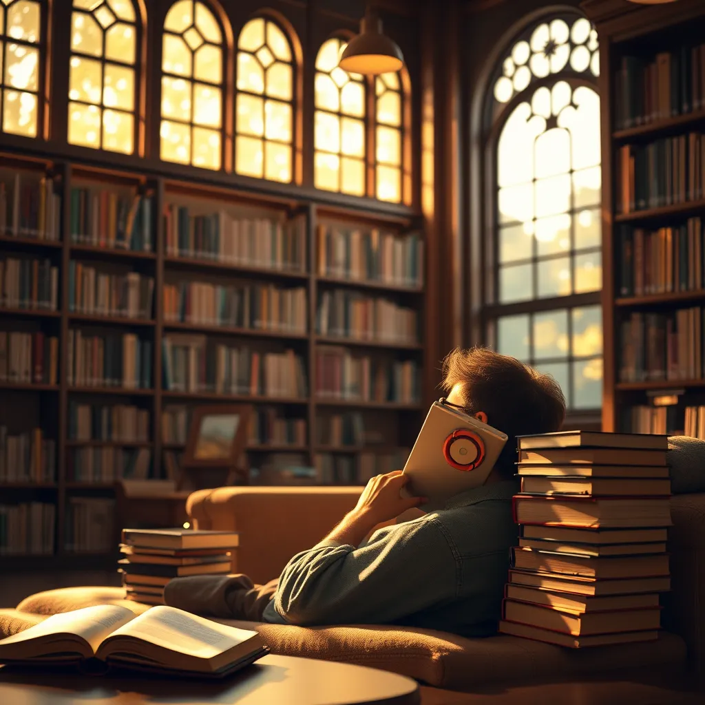 A serene library setting, with warm, natural lighting streaming through large windows.  A person is comfortably listening to an audiobook on a tablet, with a stack of books beside them.  The background is filled with shelves of books, creating a cozy atmosphere. The image evokes a sense of tranquility and immersion in the story.  Style references: 'Cozy reading nook' photography.  8K resolution, photorealistic.