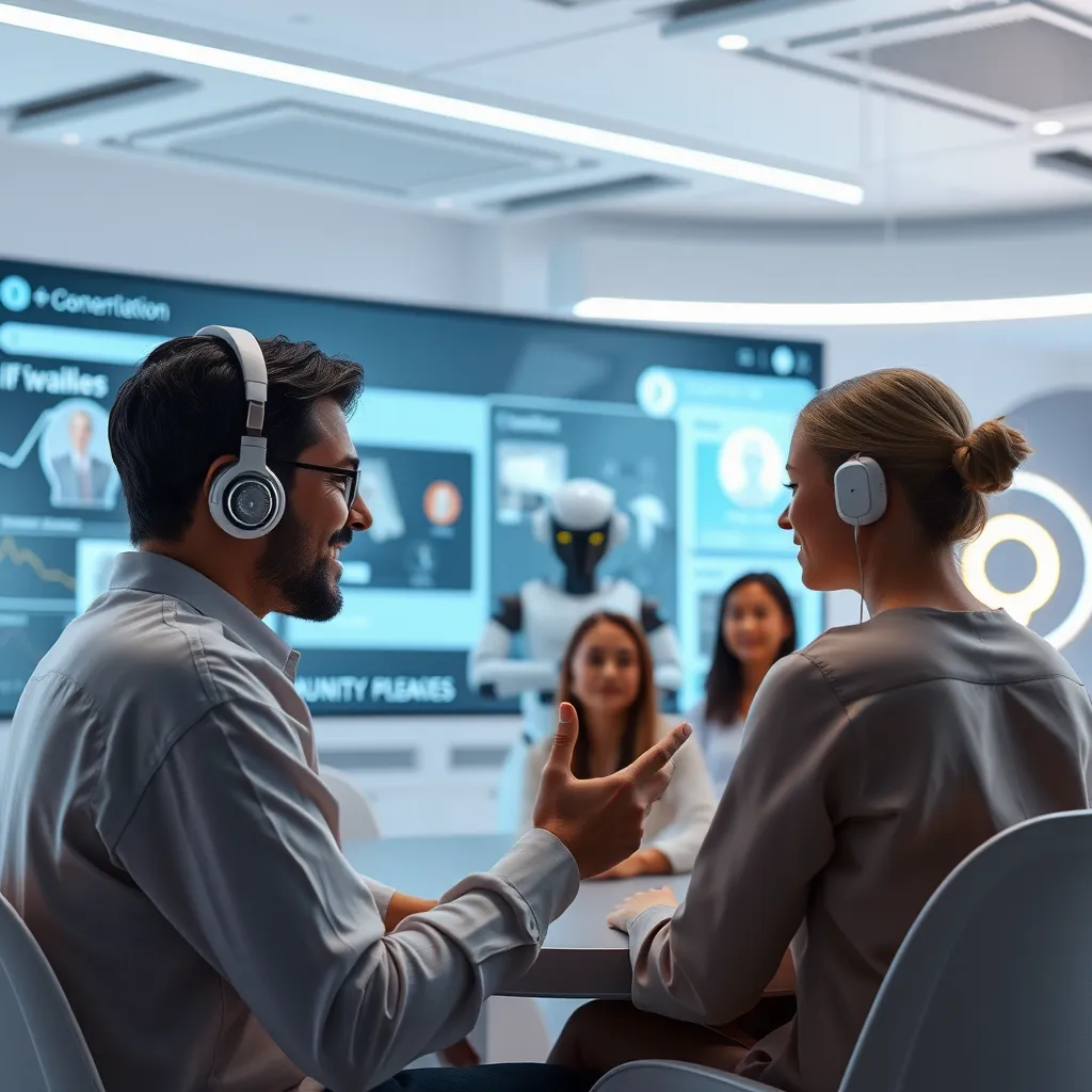 A serene scene of an influencer interacting with their engaged community members within a virtual space. The background should be a clean, futuristic interface where AI algorithms efficiently handle moderation tasks, symbolized by a sleek, futuristic AI bot assisting in the background.