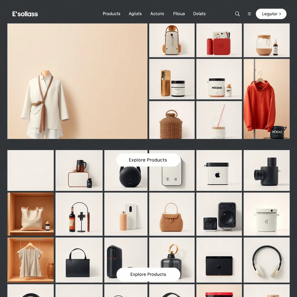 A sleek, modern e-commerce website with a grid-like layout displaying diverse products in categories like fashion, home goods, and electronics. The website should have a clean and user-friendly interface with a prominent 'Explore Products' button.