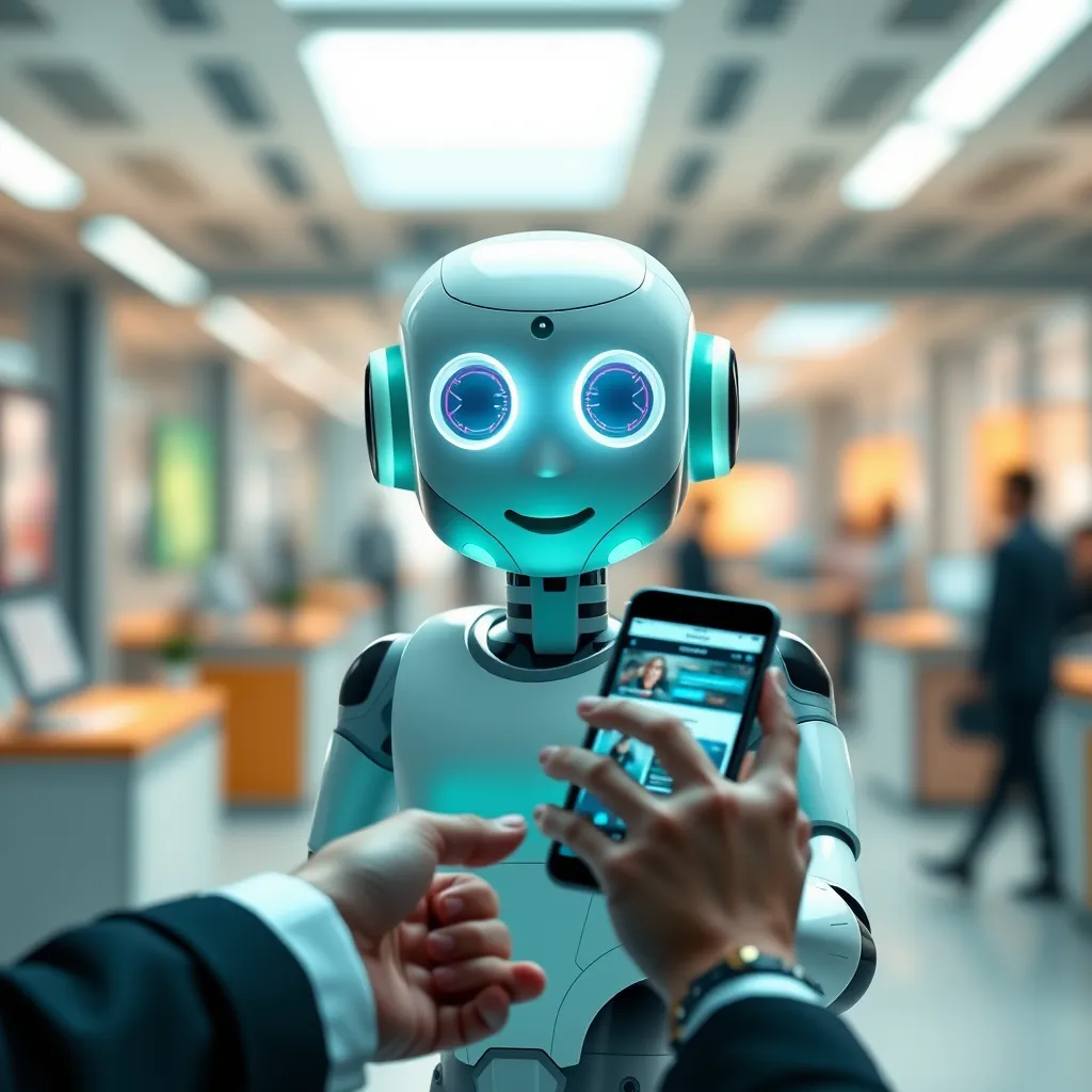 A sleek, modern website with a clean, minimalist design. In the center, a 3D rendering of a friendly chatbot with a soft, glowing light emanating from its eyes. The chatbot is interacting with a virtual customer, represented by a hand holding a smartphone with a website displayed on the screen. The background features a blurred image of a bustling office environment, conveying a sense of efficiency and activity. Render in 8K resolution with hyperrealistic detail and a vibrant color palette of blues, greens, and whites, highlighting the chatbot's approachable nature and its integration into the digital world. The scene should exude a sense of futuristic technology, emphasizing the seamless interaction between the chatbot and the customer. The lighting should be warm and inviting, with soft shadows that enhance the depth and detail of the image. Style reference: 'The Future of Interaction' by ArtStation artist, 'Digital Nomad' by Beeple.  