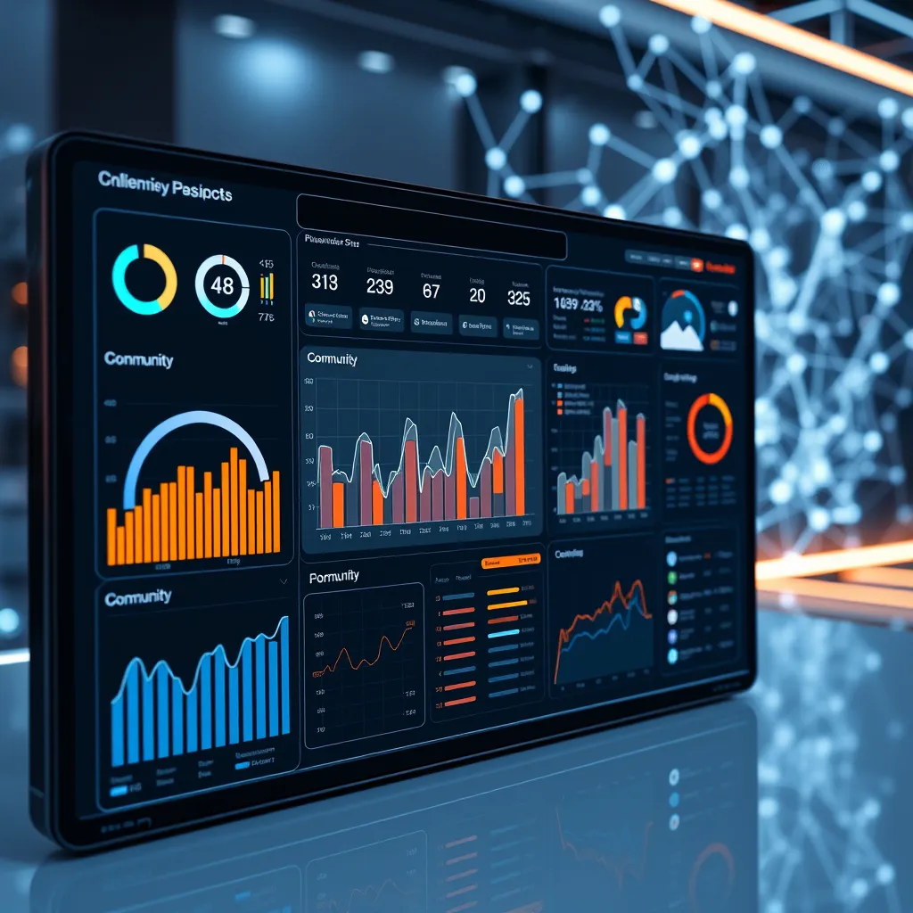 A sleek and futuristic data visualization dashboard. The dashboard should showcase various data points and graphs representing community demographics, engagement levels, and content performance.  In the background, a network of connected individuals represents the influencer's community, emphasizing the data-driven approach to understanding and engaging the audience.