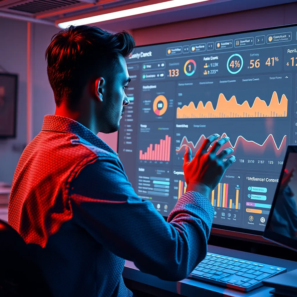 A sleek dashboard interface with data visualizations showing community activity. An influencer interacts with the dashboard, efficiently moderating content and engaging with followers. The scene emphasizes automation and ease of use.