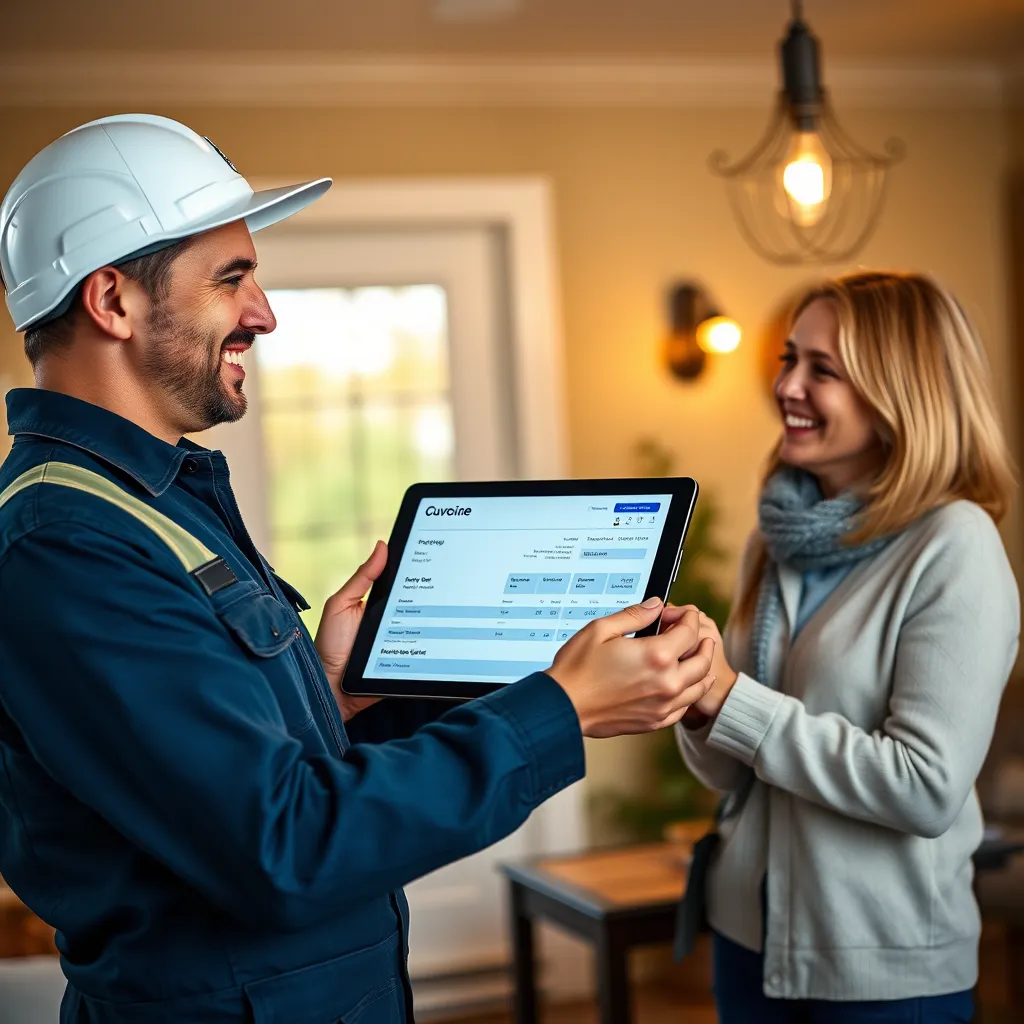A smiling roofer presenting a customized quote on a tablet to a happy homeowner. The scene should take place in a well-lit, welcoming environment.