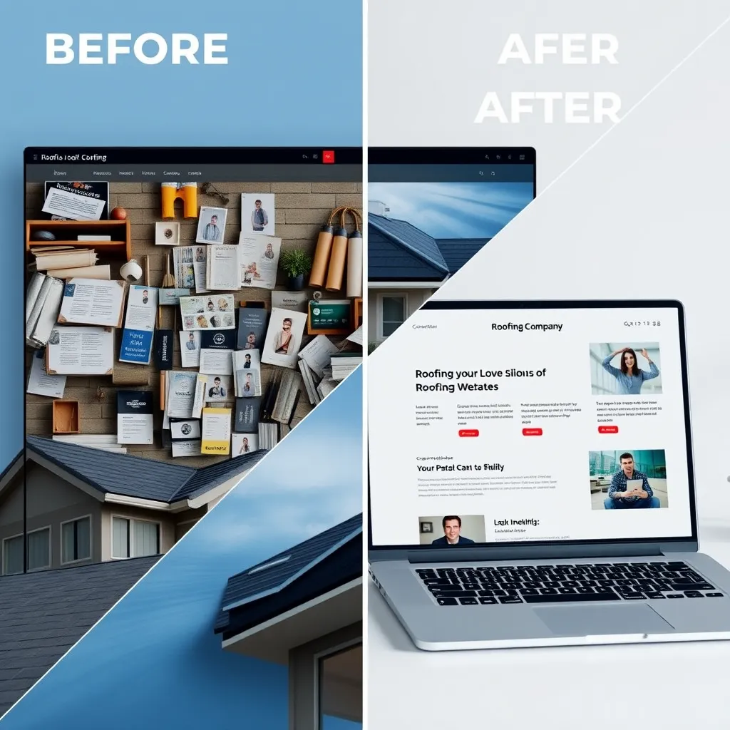 A split-screen image showcasing a before-and-after transformation of a roofing company website. The 'before' side displays a cluttered, outdated website with low conversion rates. The 'after' side displays a modern, user-friendly website with a clear call to action, high-quality images, and compelling testimonials. The image should be hyperrealistic, 8K resolution, with sharp details and a polished, modern aesthetic. The color palette should be professional and trustworthy, using shades of blue, gray, and white. The image should convey a sense of professionalism and success, highlighting the positive impact of conversion optimization on the website's performance.