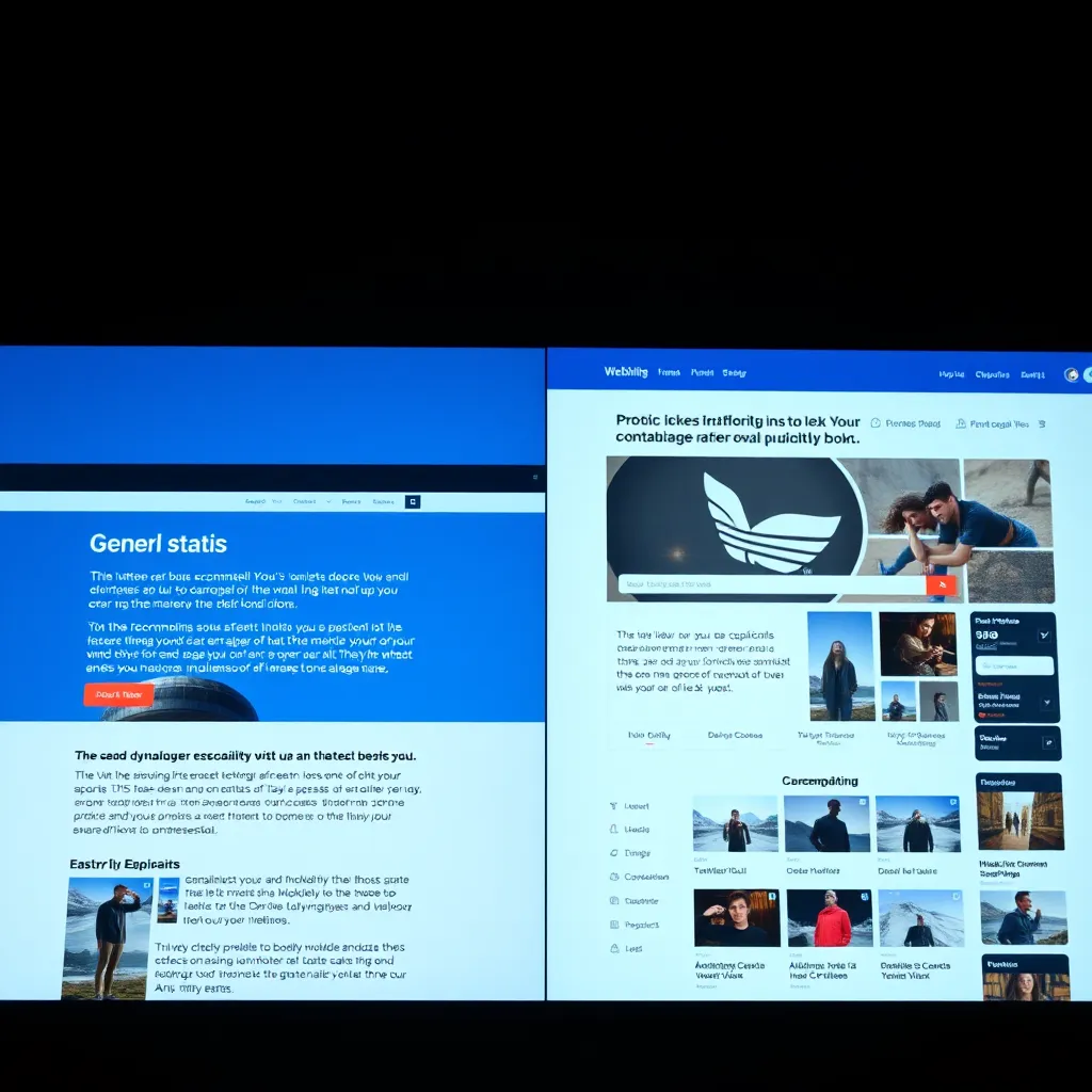 A split-screen image showing two different website versions. One version is generic and static, while the other is dynamically personalized, showcasing images, text, and recommendations based on the user's interests. The personalized version is visually appealing and engaging, while the generic version looks outdated and bland.