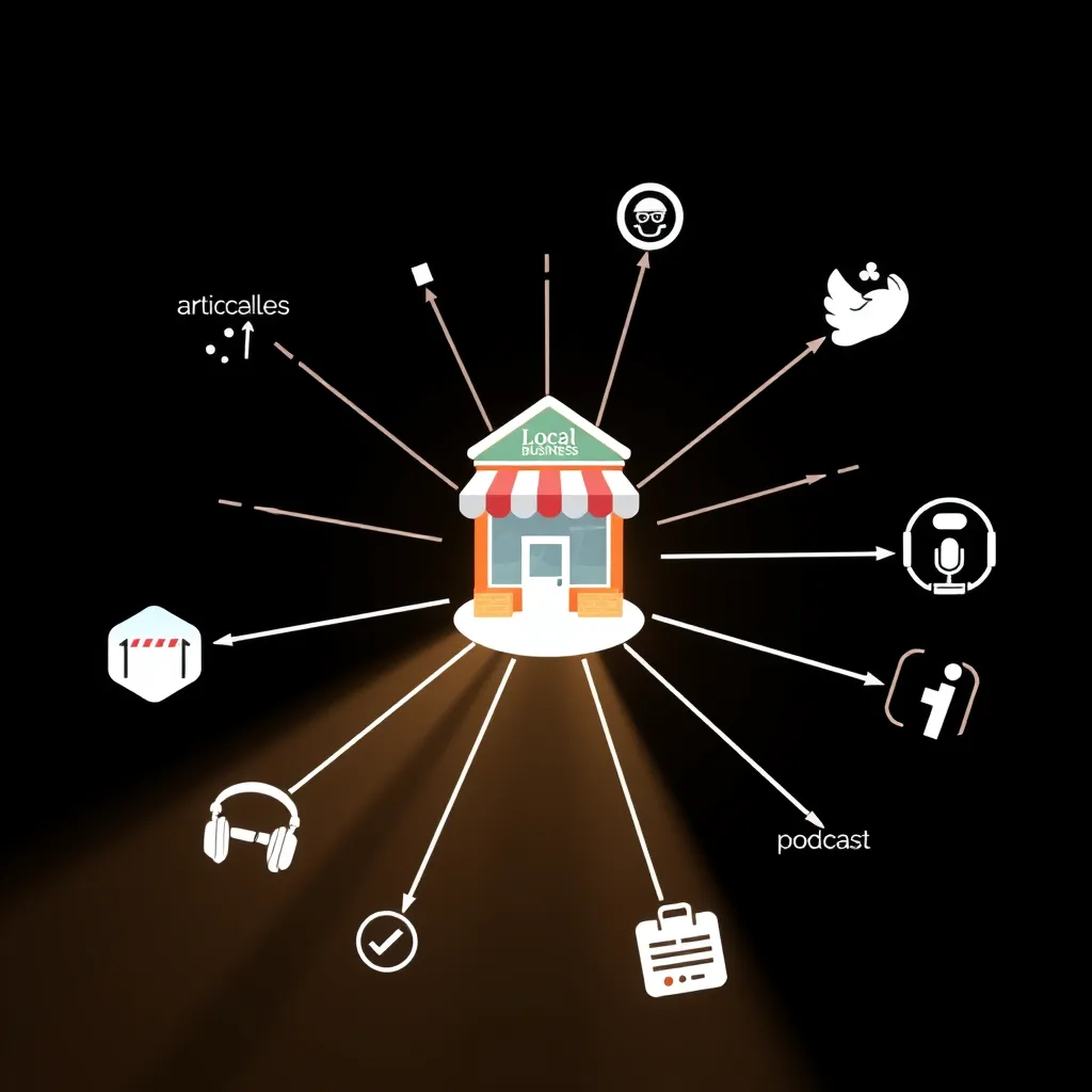 A stylized graphic with a central hub representing a local business surrounded by radiating lines, each representing a different type of content, such as articles, videos, podcasts, and social media posts. Each line is visually distinct, showcasing the variety of content formats.