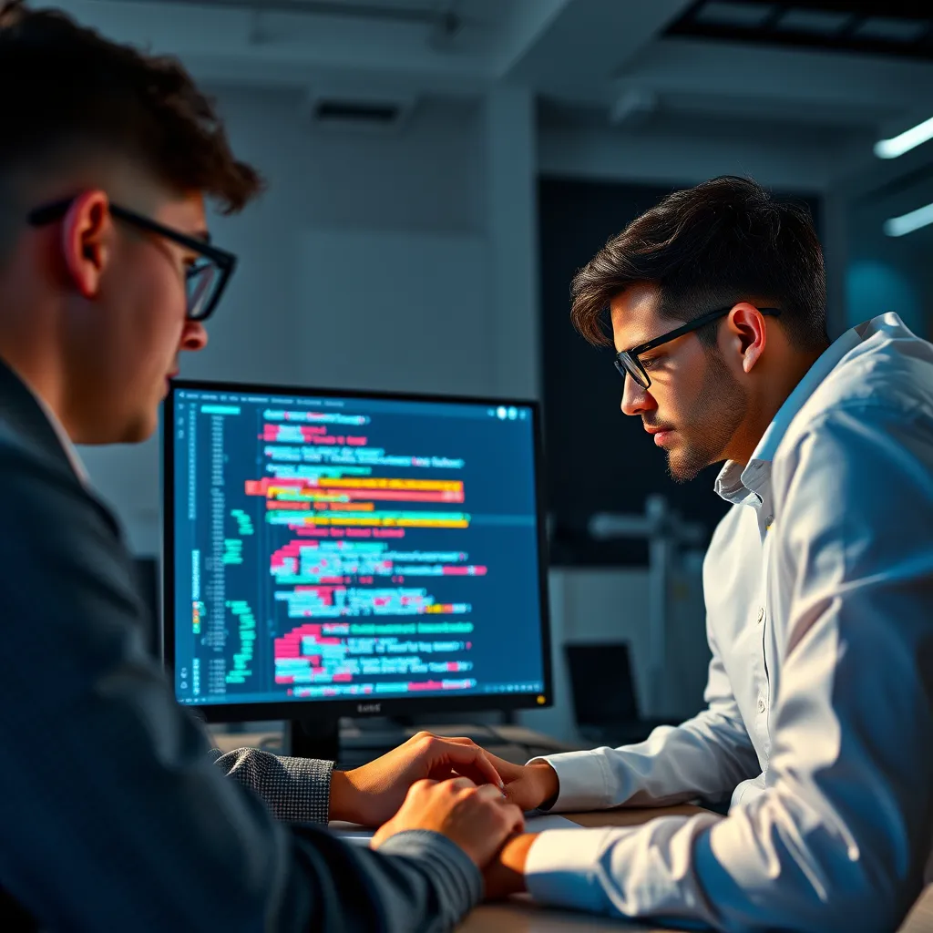 A team of developers working on a computer, examining a website's code with a focus on accessibility features. The screen displays a website interface with highlighted elements indicating areas of accessibility concern. The atmosphere is professional, with a focus on detail and collaboration.