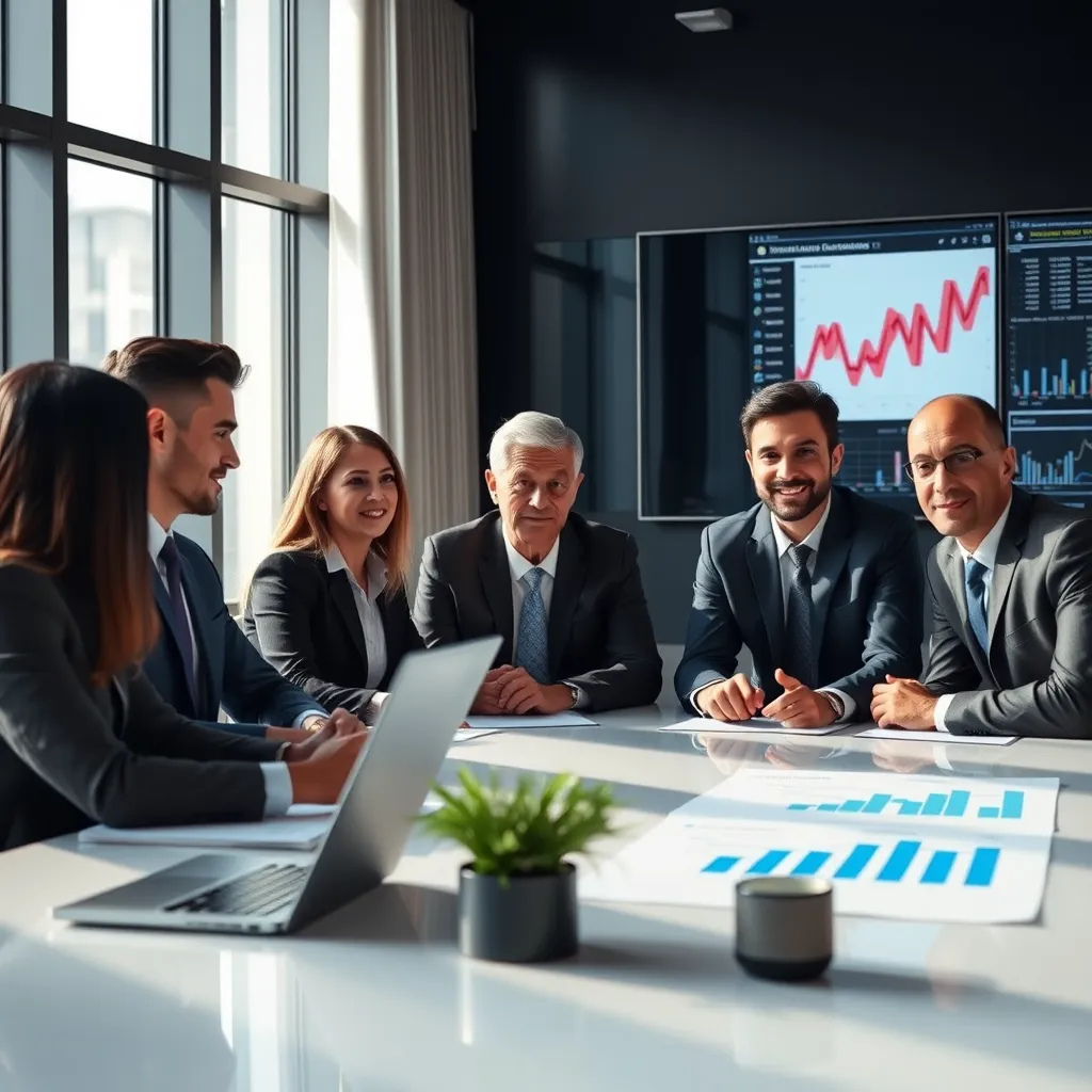 A team of diverse professionals, wearing suits, working together around a large table in a modern office, with charts and graphs displayed on a screen behind them. The scene should convey expertise, collaboration, and strategic planning.