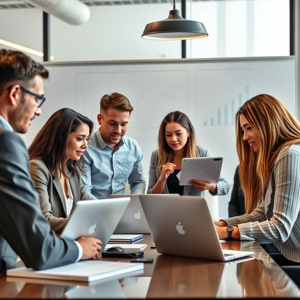 A team of diverse professionals in a modern office setting, collaborating on a project using laptops, whiteboards, and charts. The image should convey a sense of expertise and teamwork, with a focus on technology and data analysis.