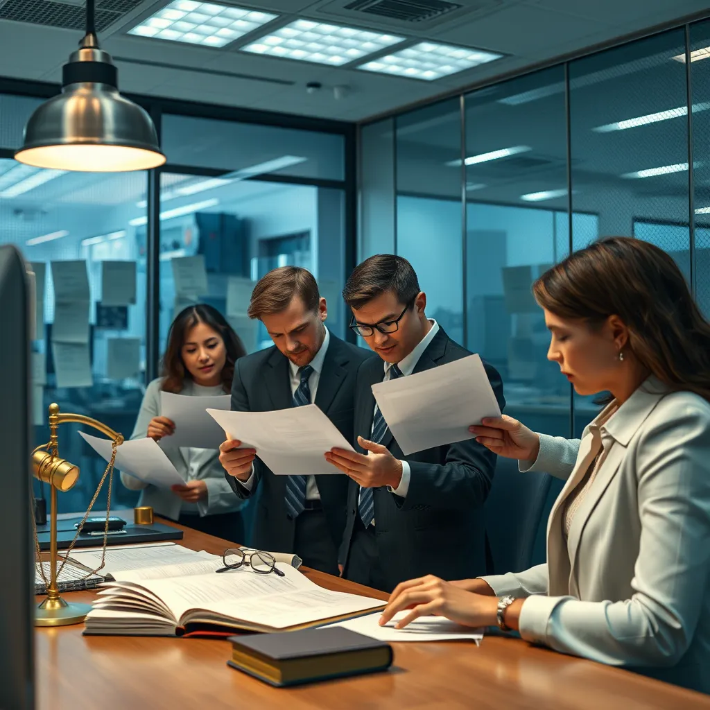 A team of professionals reviewing legal documents and compliance regulations in a secure office environment. The image should convey a sense of professionalism, diligence, and adherence to legal standards.