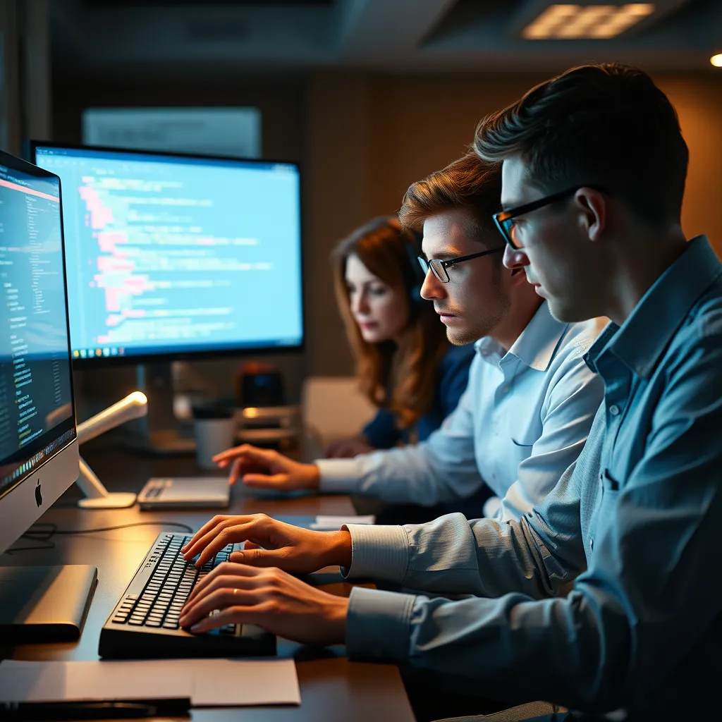 A team of professionals working on a computer, analyzing website code and design elements. They are using tools and software to identify accessibility issues. The image should convey a sense of meticulous analysis and attention to detail.