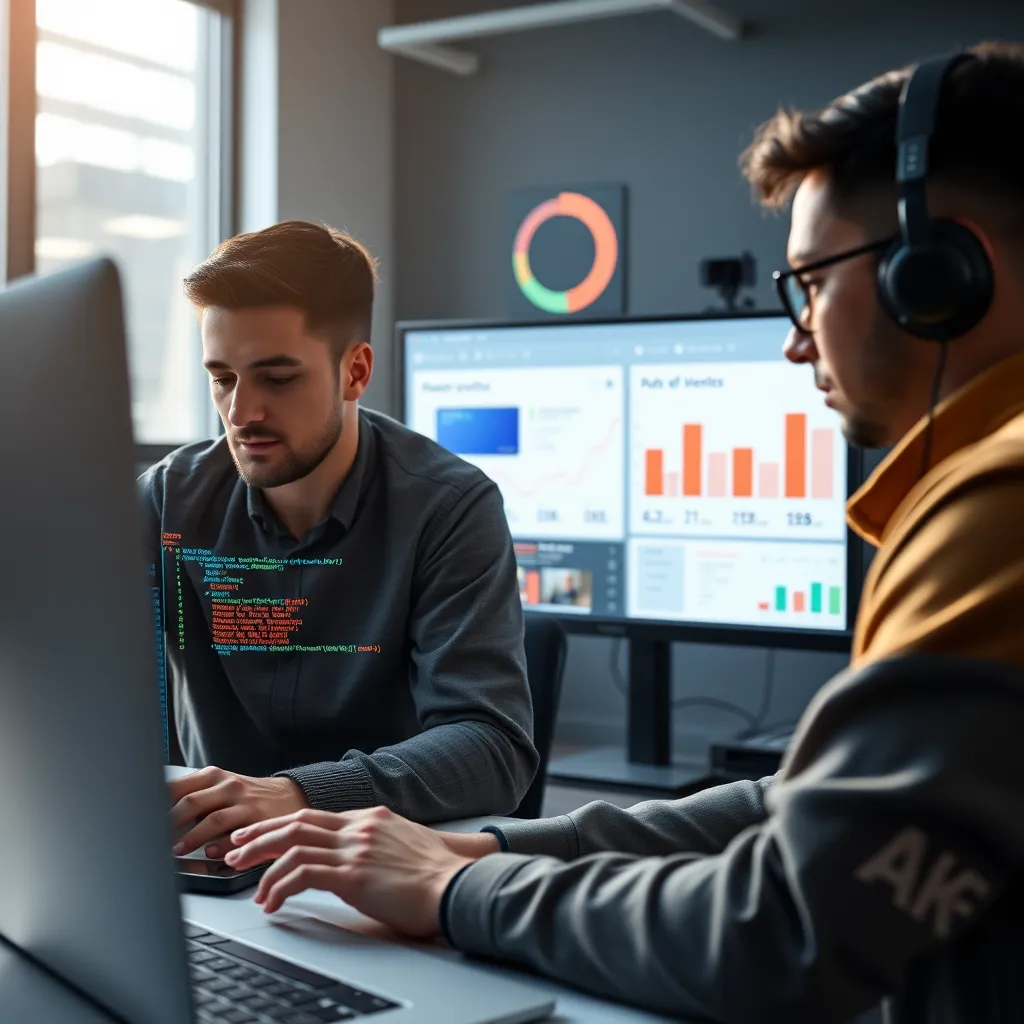 A team of website developers working on a project, with one developer integrating an AI agent into the website using a coding interface. In the background, a screen shows a dashboard with real-time data on customer interactions, showing improved efficiency and productivity.