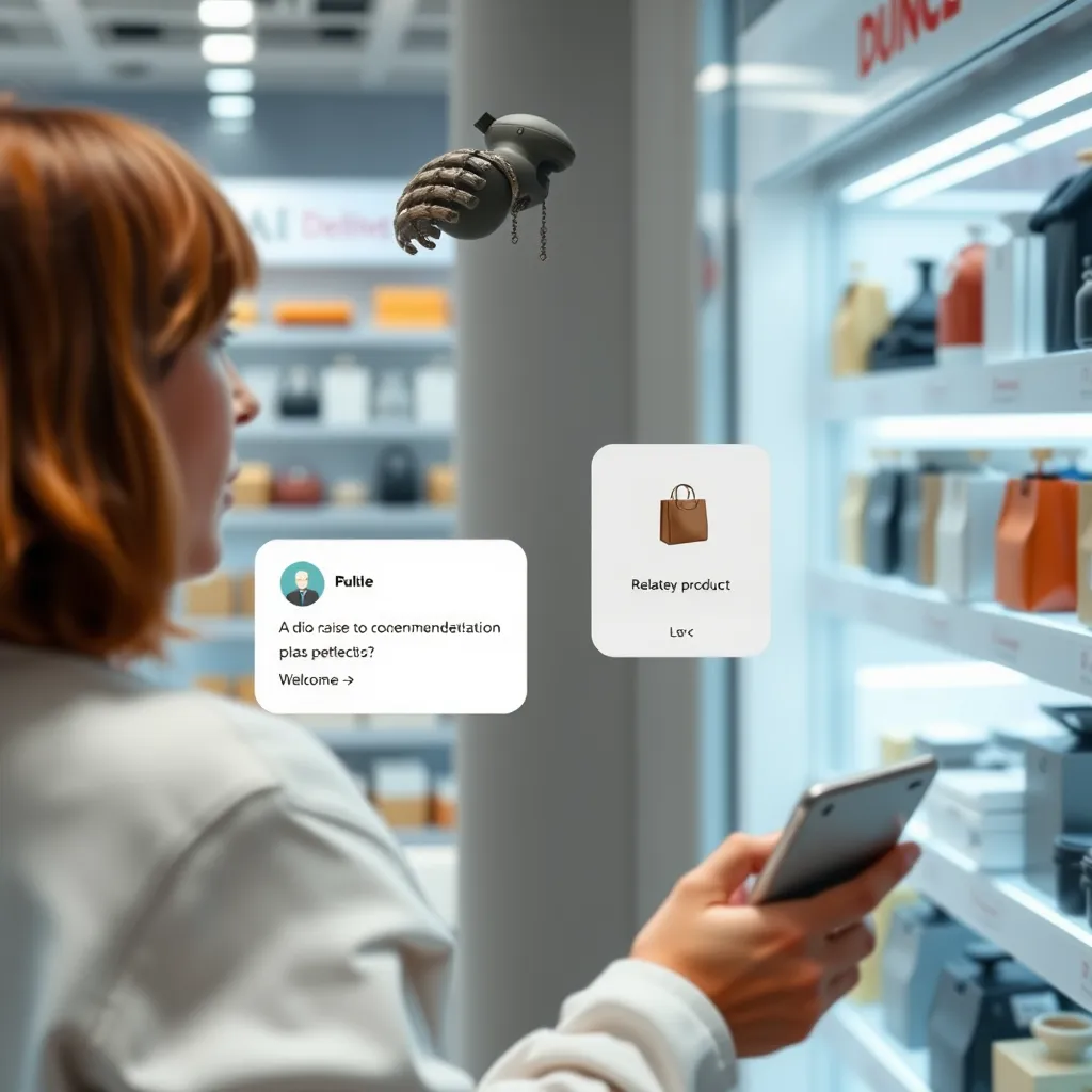 A user browsing an online store. The user is looking at a product while a chat bubble appears with a suggestion for a related product. The image should have a clean, modern aesthetic, with a focus on the user's interaction with the AI-powered recommendation.