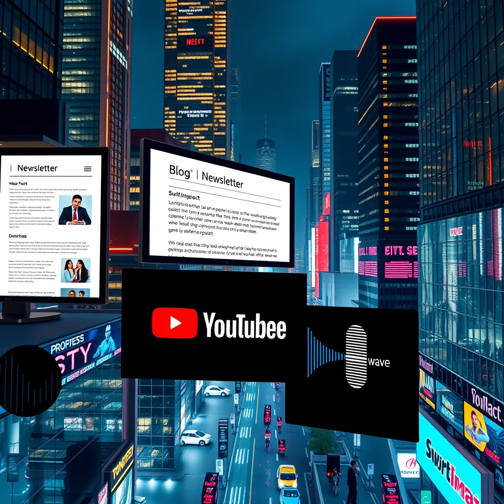 A vibrant, modern cityscape with multiple screens showcasing various content formats, including a newsletter, blog post, YouTube video, and podcast audio wave. The screens are interconnected, representing the seamless integration of platforms within the SwiftImpact strategy.