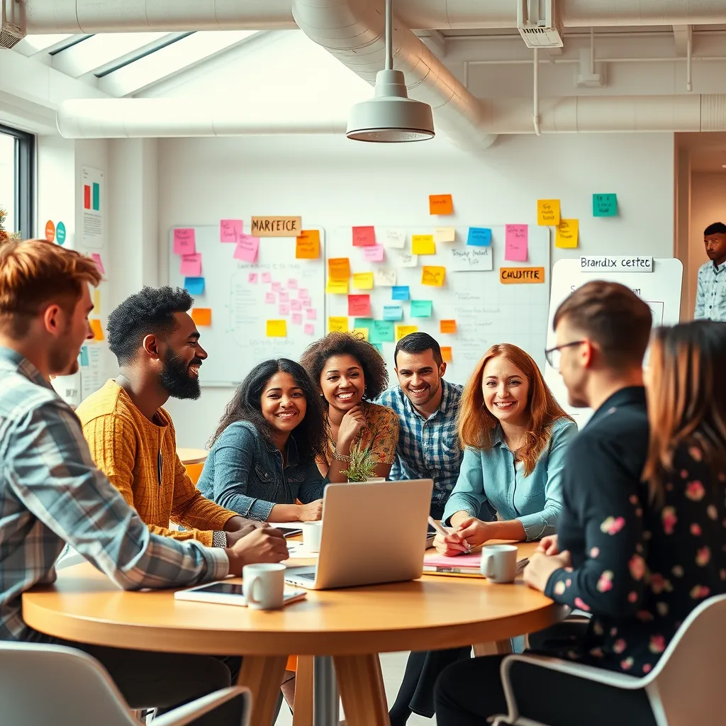 A vibrant and dynamic image showcasing the collaborative spirit of the Brandix Partnership Program. Depict a group of diverse influencers from various backgrounds, each representing their unique brand identity. They are gathered in a modern, open-plan workspace, engaging in a brainstorming session, sharing ideas, and collaborating on marketing strategies. The environment is filled with energy and creative inspiration, with colorful mood boards, whiteboards filled with brainstormed ideas, and digital devices displaying marketing analytics and campaign data.  The lighting should be bright and airy, reflecting the positive and collaborative atmosphere. The color palette should be bold and eye-catching, representing the diverse brands and personalities of the influencers.  Capture the sense of community, support, and shared success that drives the program. Render the image in 8K resolution with hyperrealistic details, focusing on the individual personalities and brands represented by the influencers. Highlight the dynamic energy and creativity of the brainstorming session, capturing the excitement of developing innovative marketing campaigns.  Draw inspiration from the vibrant, collaborative style of renowned photographers who capture the energy and dynamism of modern workplaces.