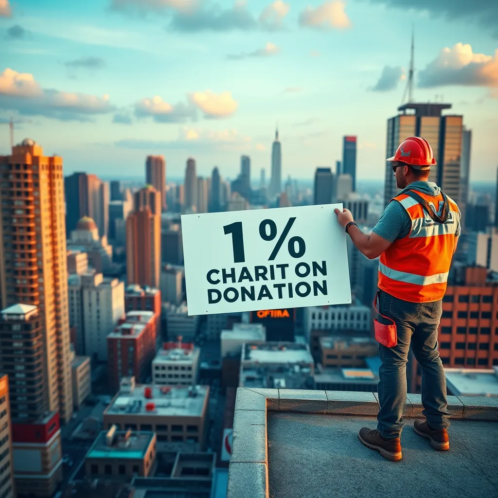 A vibrant cityscape with a roofer standing on a building, holding a sign that says "1% Charity Donation." The image should showcase the positive impact of their work while highlighting the charitable aspect.
