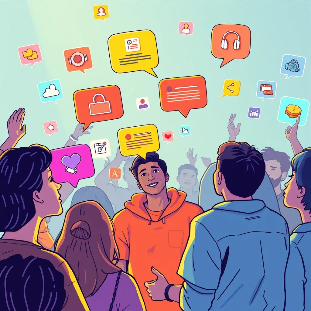 A vibrant illustration depicting an influencer interacting with their audience on a social media platform. The influencer is surrounded by colorful bubbles representing AI-powered insights, suggestions, and personalized content. The overall mood is one of excitement and positive engagement.