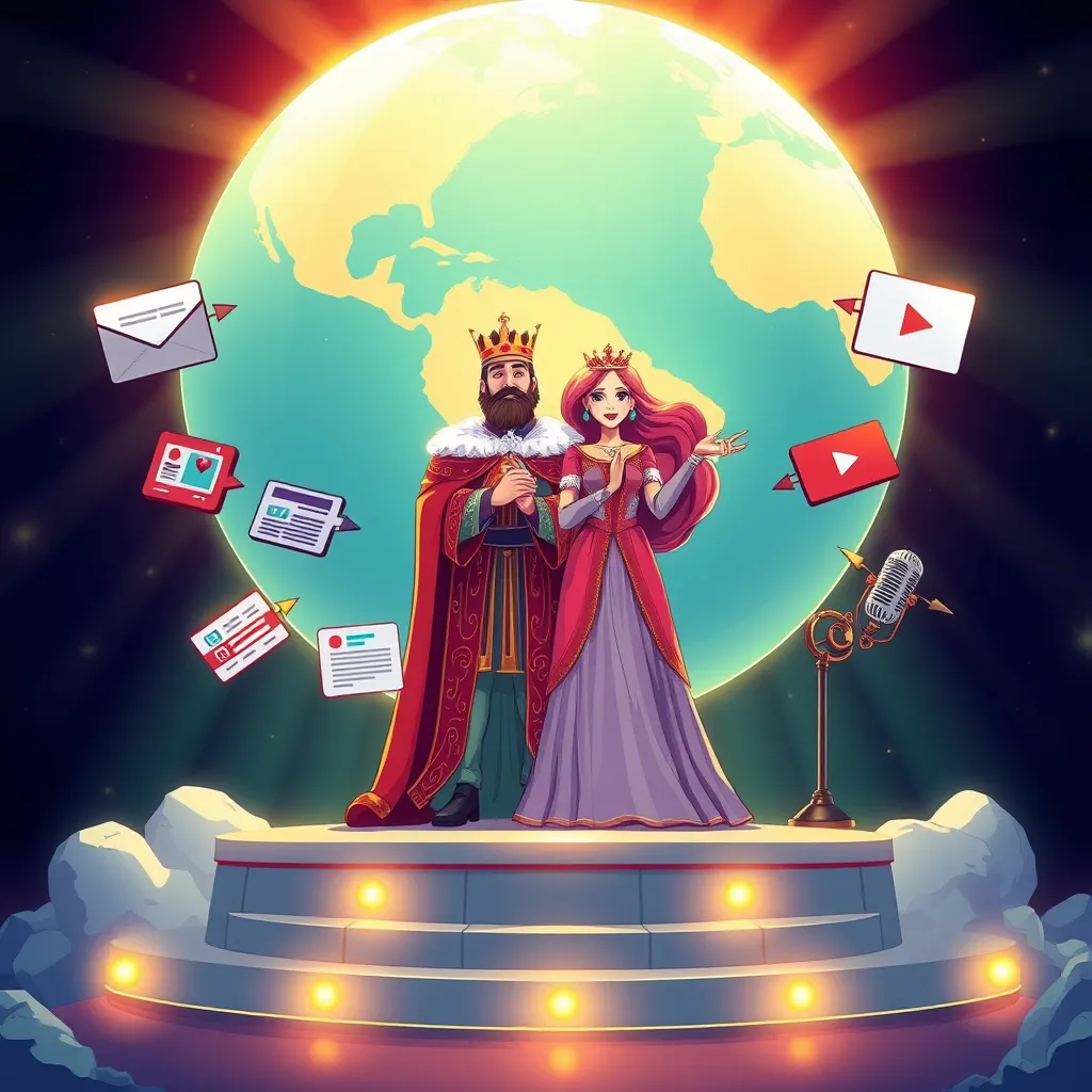 A vibrant illustration of a king and queen standing on a platform with various content forms like a newsletter, blog post, video, and podcast surrounding them, all pointing towards a large, glowing globe representing the global reach of the content.