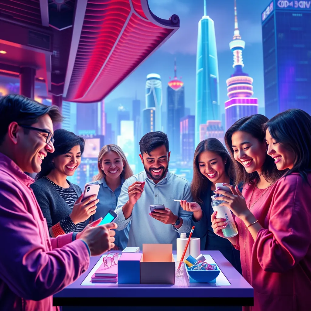 A vibrant image depicting a diverse group of influencers interacting with products on a modern e-commerce website, showcasing their excitement and engagement. The background should feature a dynamic cityscape with a blend of traditional and futuristic elements, symbolizing the fusion of online and offline experiences. The overall tone should be positive, energetic, and visually captivating, highlighting the power of influencer marketing in e-commerce.