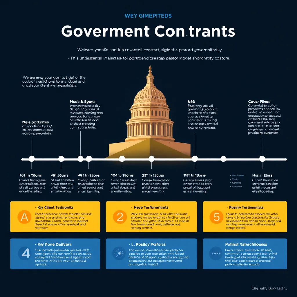 A visually appealing infographic showcasing a timeline with key milestones and achievements of completed government contracts. The infographic should highlight successful project deliveries, key performance indicators, and positive client testimonials.