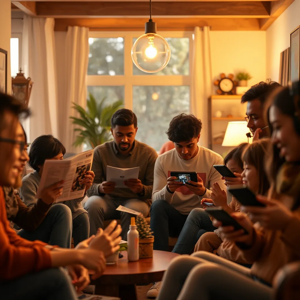 A warm and inviting scene featuring a diverse group of people engaged in various activities related to the content, such as reading a newsletter, watching a video, listening to a podcast, and interacting on social media, showcasing a vibrant community surrounding the brand.