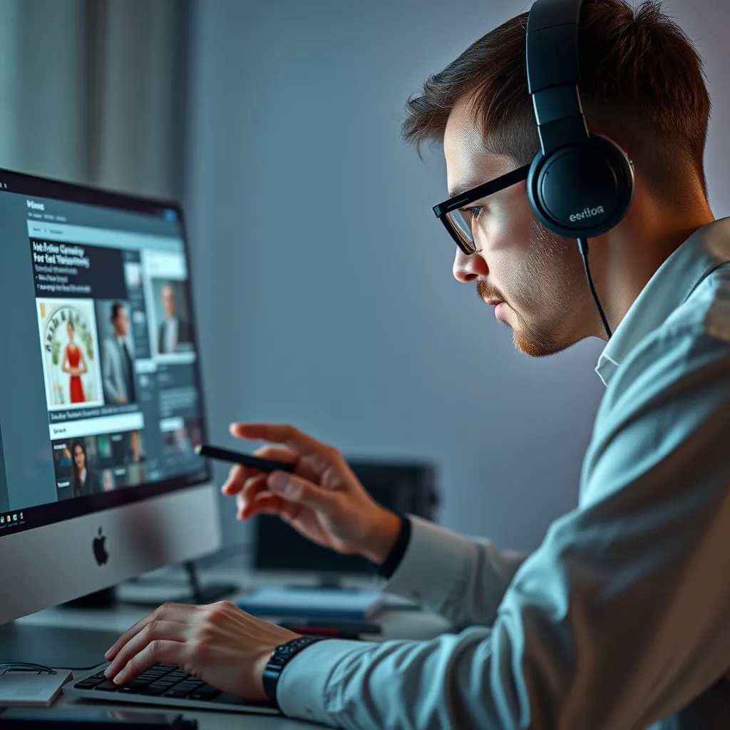A web developer fixing accessibility issues on a website. The image should show them using tools to adjust contrast, add alt text to images, and improve keyboard navigation. The focus should be on the process of making the website accessible for everyone.