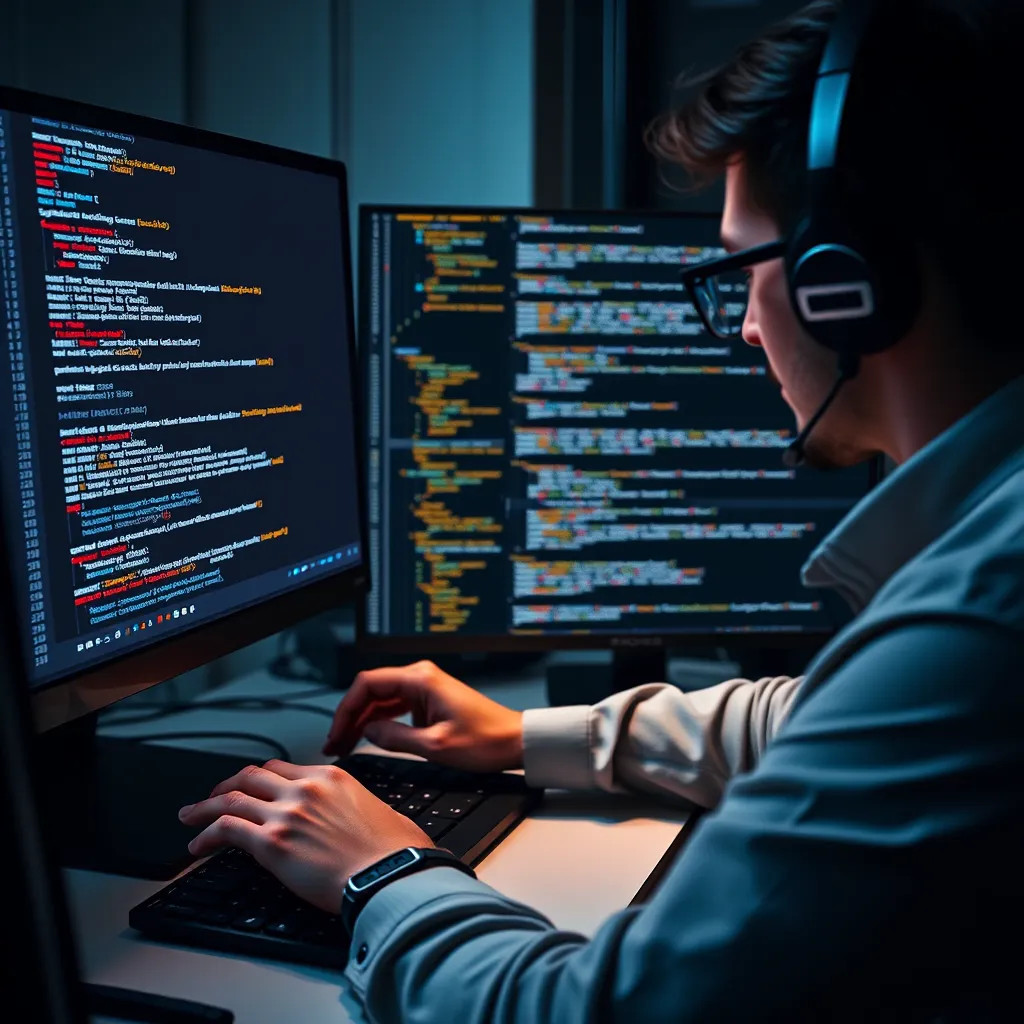 A web developer working on a computer, meticulously fixing accessibility issues on a website. The interface should display code snippets with clear and understandable explanations. The image should emphasize the developer's focus on making the website accessible for everyone, showcasing a clean and organized workflow.