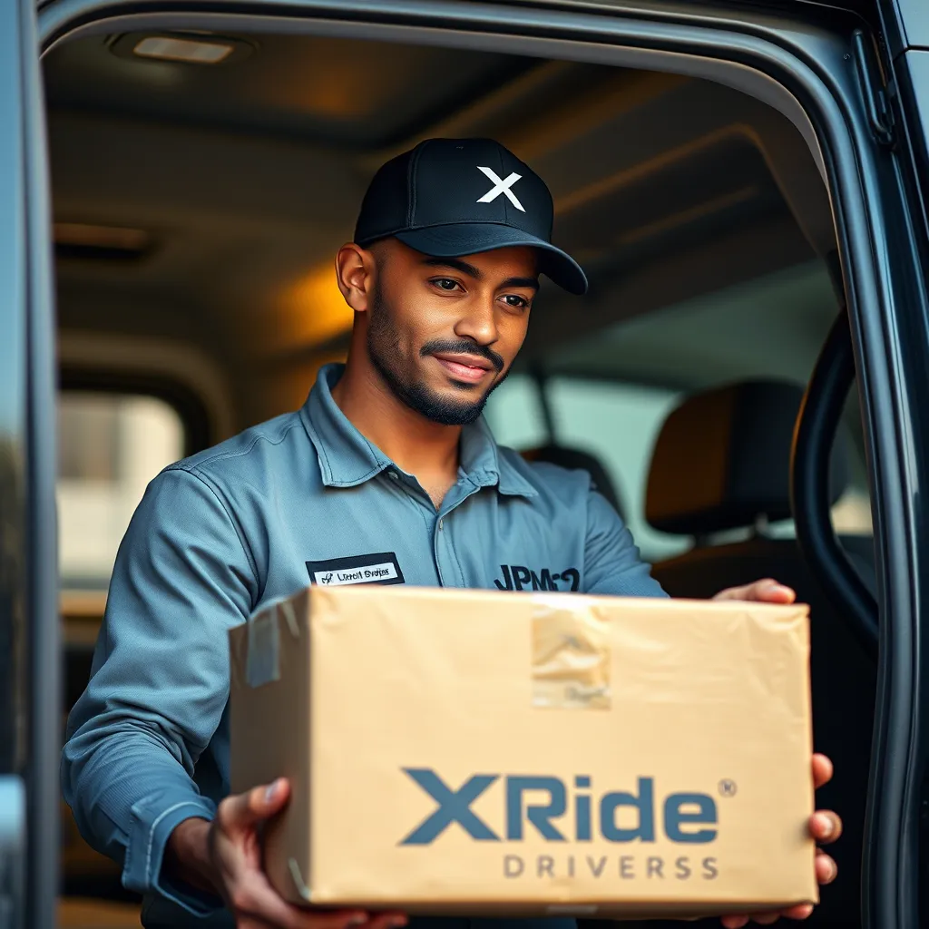 A XRide Drivers driver in a branded uniform, carefully loading a package into a van. The image should convey a sense of professionalism, efficiency, and care in handling deliveries.