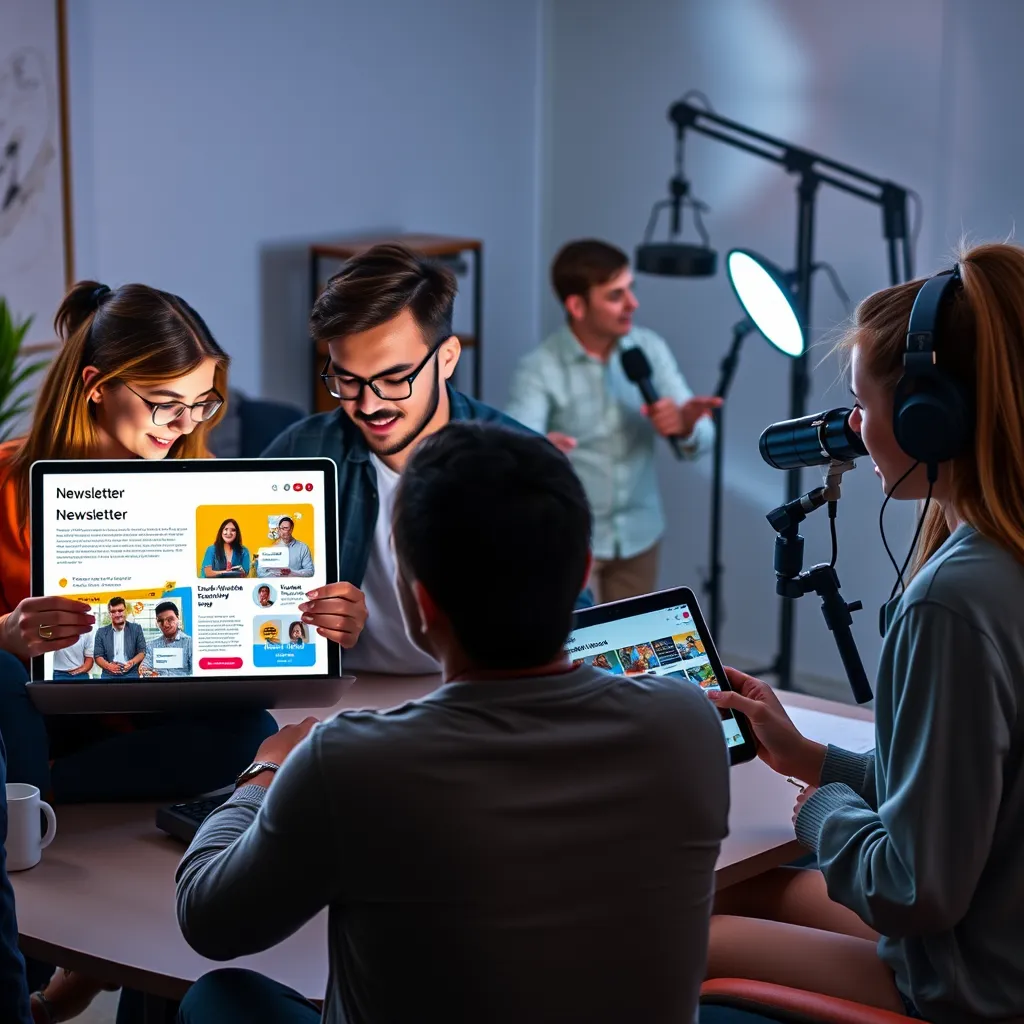 An image of a diverse group of people interacting with various digital devices showcasing different types of content. A woman on a laptop is editing a newsletter template with vibrant colors and clear calls to action. A man is using a tablet to create a blog post with compelling visuals and SEO-optimized keywords. A young woman is filming a tutorial video for a YouTube channel with professional lighting and equipment. In the background, a podcast recording session is happening, with a presenter and guest engaging in a lively discussion. The overall image should capture the dynamic and multi-faceted nature of content creation for multiple platforms, with a modern, clean aesthetic. 8K resolution, photorealistic, ultra-detailed, emphasizing a sense of energy and creativity.