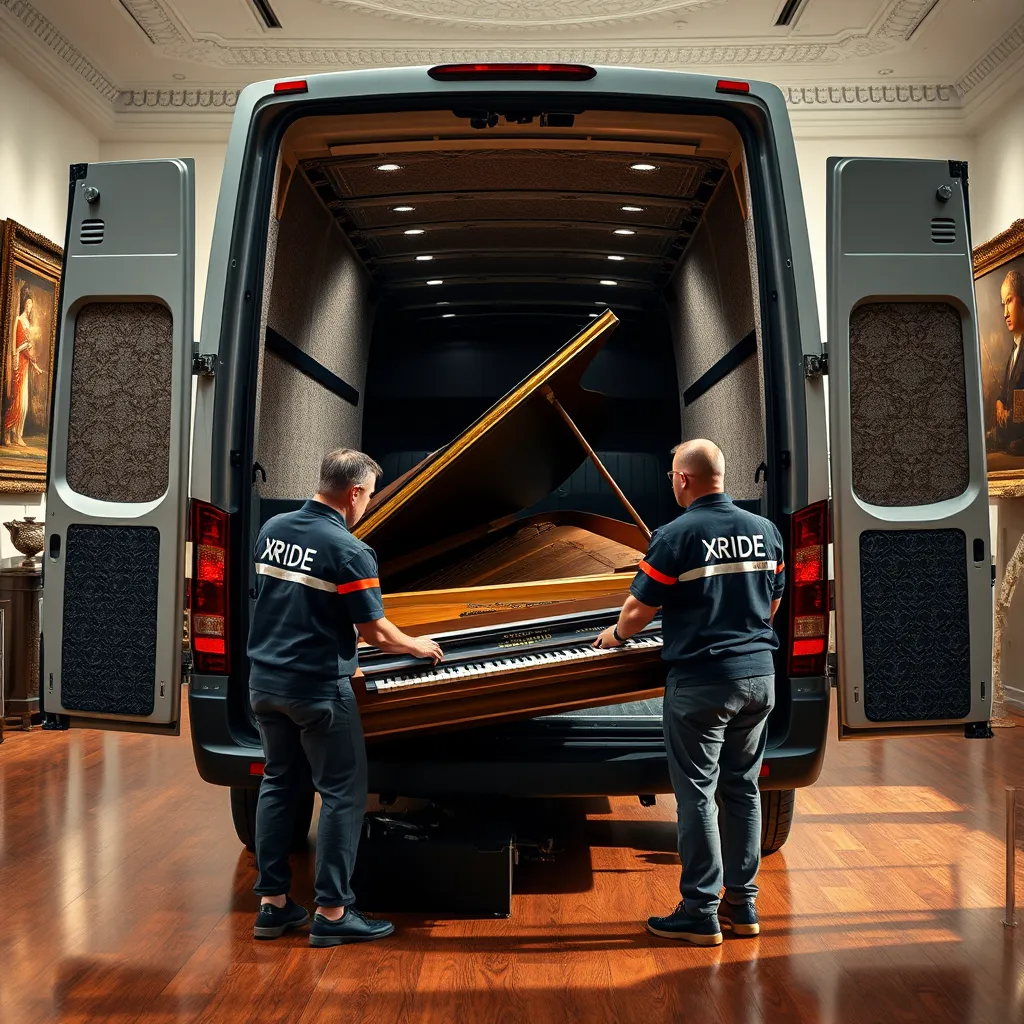 An image of a team of XRide Drivers employees carefully loading a large, antique piano into a carpeted van with XRide Drivers branding. The van is a spacious, modern cargo van with ample room for delicate items. The employees are wearing branded uniforms and are handling the piano with utmost care. The scene should be set in a high-end art gallery or antique store, with soft lighting and luxurious surroundings. Render it in 8K resolution, highlighting the textures of the piano, the van, and the employees' uniforms. The image should be shot from a slightly low angle, emphasizing the size and weight of the piano, while showcasing the expertise and professionalism of the XRide Drivers team. Style it after a commercial photograph, showcasing the meticulous care and dedication of the XRide Drivers team.