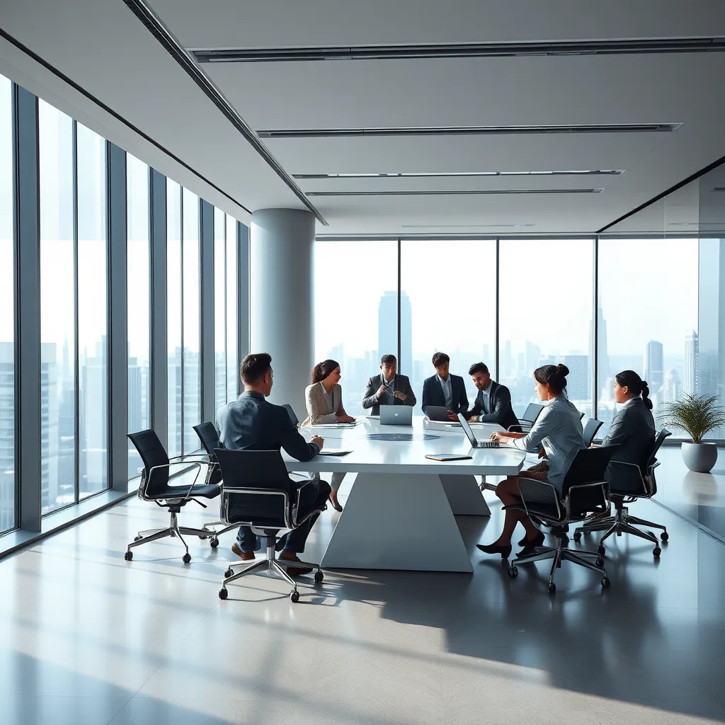 Generate a photorealistic, 8K resolution image of a modern, sleek office space with large windows overlooking a cityscape.  The room should be well-lit with natural light streaming in, casting soft shadows. The color palette should be cool and professional, with shades of gray, blue, and white.  A diverse group of professionals (3-5 people) are gathered around a large, high-tech conference table, engaged in a collaborative discussion.  The image should convey a sense of teamwork, innovation, and expertise.  The people should be dressed in business attire, and the conference table should be filled with laptops, tablets, and documents, highlighting a technology-driven environment.  The background should be a blurred cityscape, with a focus on the team and their workspace.  The image should have a depth of field, with the team sharply in focus and the cityscape slightly blurred.  Reference style: modern, minimalist, corporate, professional.  Mood: confident, reliable, innovative., ultra high resolution, photorealistic, 8K, hyperdetailed, cinematic lighting