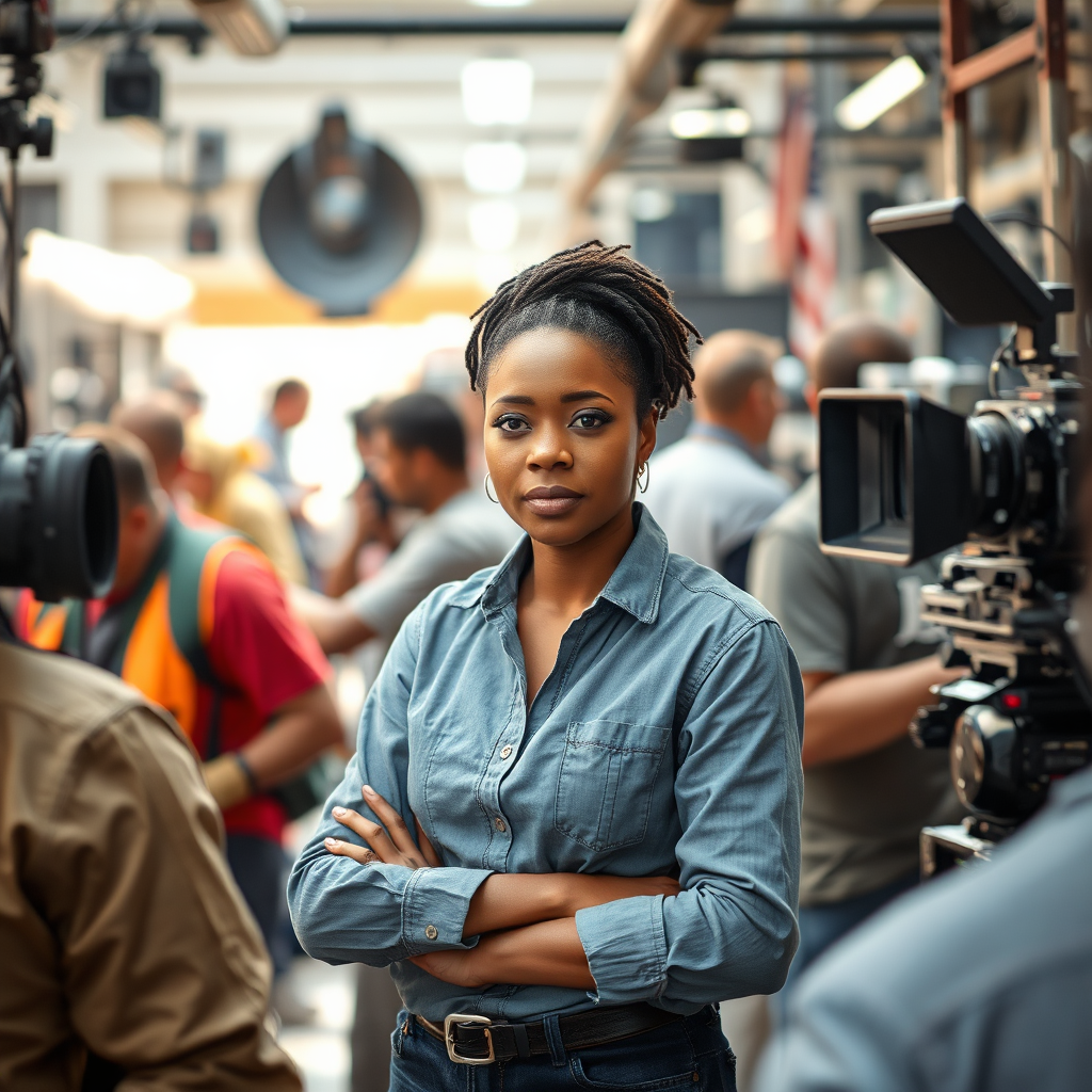 Photorealistic image of a busy film set, with various crew members working seamlessly together. Vaniece Washington is overseeing the operation with a calm and confident demeanor. Natural lighting. 4k, high detail.