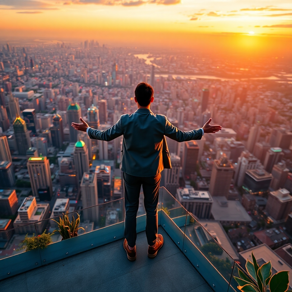 A breathtaking panoramic view of a vibrant, modern city skyline at sunset, symbolizing prosperity and opportunity. In the foreground, a person stands confidently on a rooftop garden, overlooking the cityscape with arms slightly outstretched, as if embracing the future. The scene is bathed in warm, golden hour light, creating a sense of optimism and achievement. The person is dressed in business casual attire, suggesting a balance between professional success and personal comfort. Include subtle visual cues, such as charts and graphs subtly embedded into the cityscape's architecture, to represent financial growth. The overall color palette should be warm and inviting, with golds, oranges, and blues dominating the scene. Use a low camera angle to emphasize the person's commanding presence and the scale of the city. Textures should be highly detailed, capturing the nuances of the cityscape and the rooftop garden. This should be rendered in 8K resolution with hyperrealistic details, evoking the feeling of 'Financial Freedom'. Style: Photorealistic, aspirational, modern. 