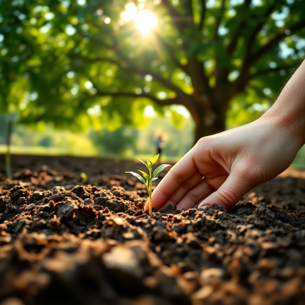 A close-up shot of a hand planting a seedling in fertile soil, with sunlight streaming through the leaves of a mature tree in the background. The seedling represents new beginnings and growth, while the mature tree symbolizes long-term financial security. The soil should be rich and textured, emphasizing the potential for growth. The overall color palette should be earthy and natural, with greens, browns, and golds dominating the scene. The lighting should be soft and warm, creating a sense of hope and optimism. Consider adding subtle visual cues, such as a blurred image of a family in the background, to represent the personal impact of financial freedom. Style: Natural, hopeful, and symbolic, conveying growth and sustainability. Render in 4K resolution with high-quality detail.