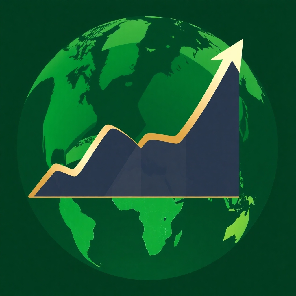 A graph showing an upward trend of investment returns, superimposed on an image of a globe with highlighted areas representing diverse investment opportunities across the world. Style: Modern, dynamic, global. Color palette: Greens, blues, and golds.
