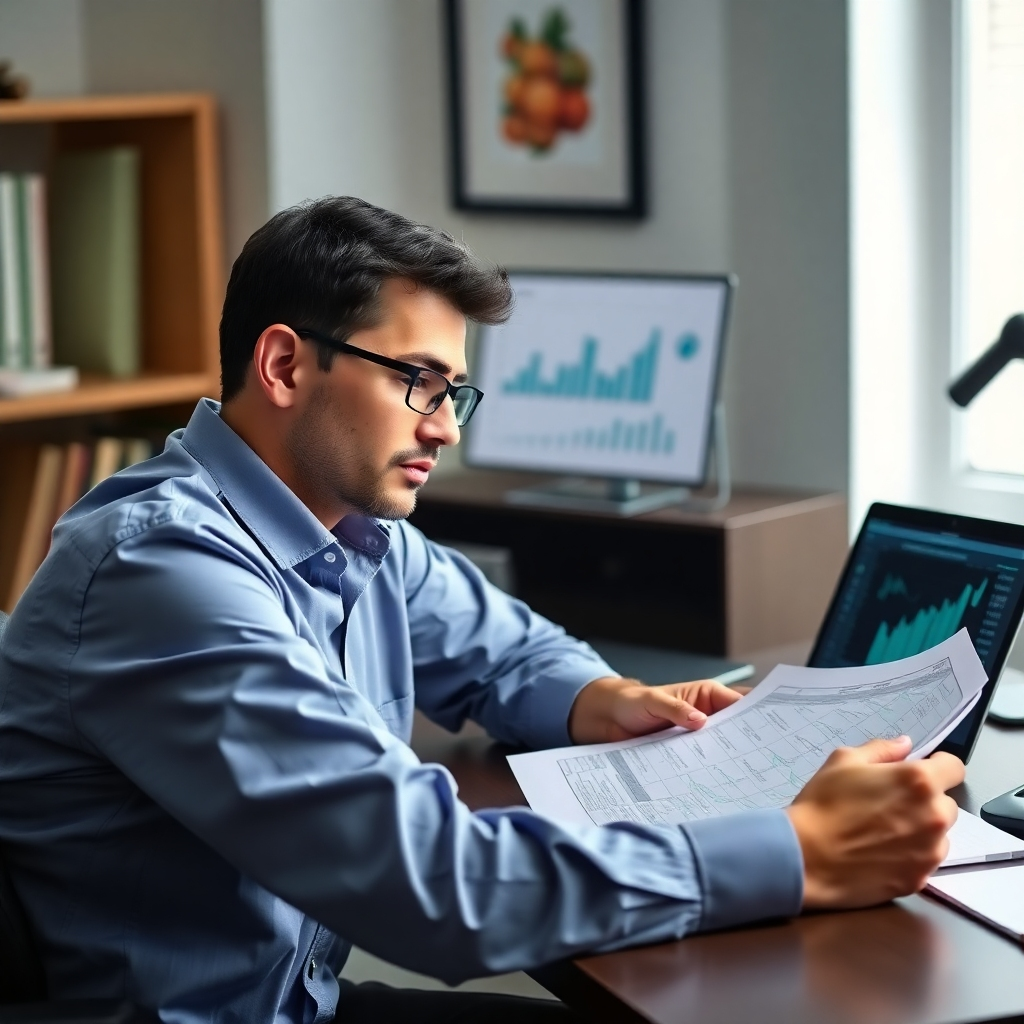  A person sitting at a desk, reviewing financial documents with a focused expression. The scene is well-lit, with a laptop displaying charts and graphs in the background. Emphasize the act of analyzing data and taking control of one's finances. Style: Realistic, focused, analytical. Color palette: Blues, grays, and greens.