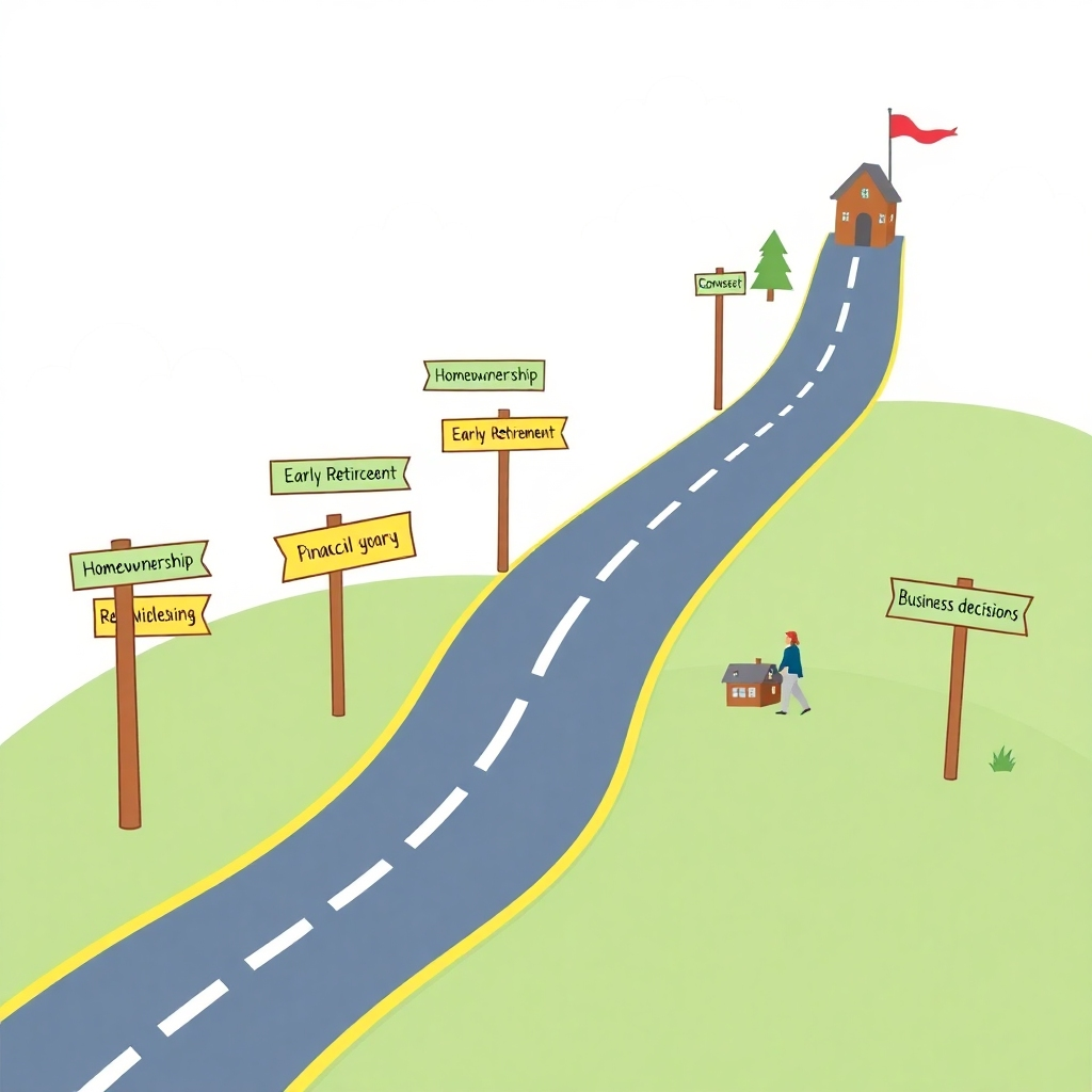 A roadmap illustration featuring financial milestones as destinations, such as 'Homeownership', 'Early Retirement', and 'Business Startup', complete with signposts and landmarks representing key financial decisions. Style: Illustrated, map-like, goal-oriented. Color palette: Blues, greens, and golds.