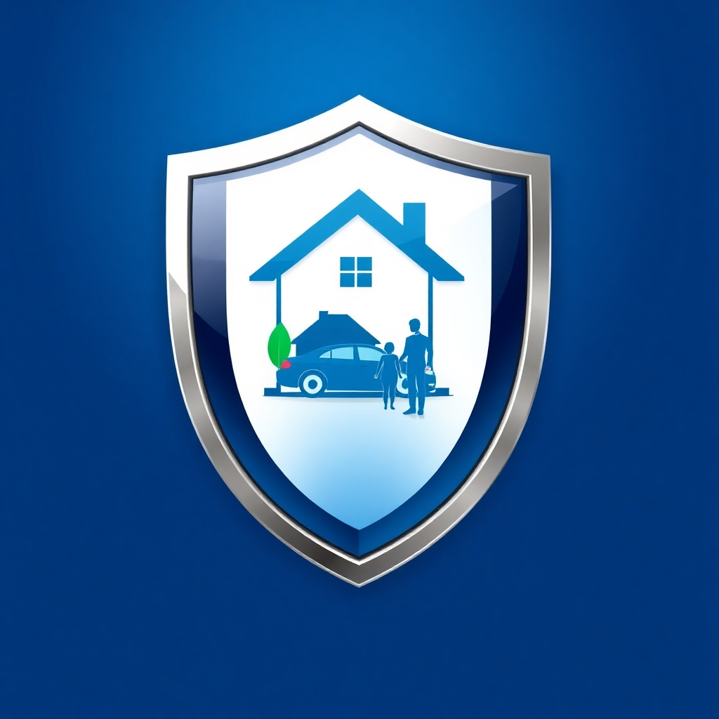 A shield protecting a house, a car, and a family, symbolizing the security and protection provided by insurance. The scene is clean and modern, emphasizing the importance of safeguarding one's assets. Style: Modern, secure, and protective. Color palette: Blues, silvers, and greens.