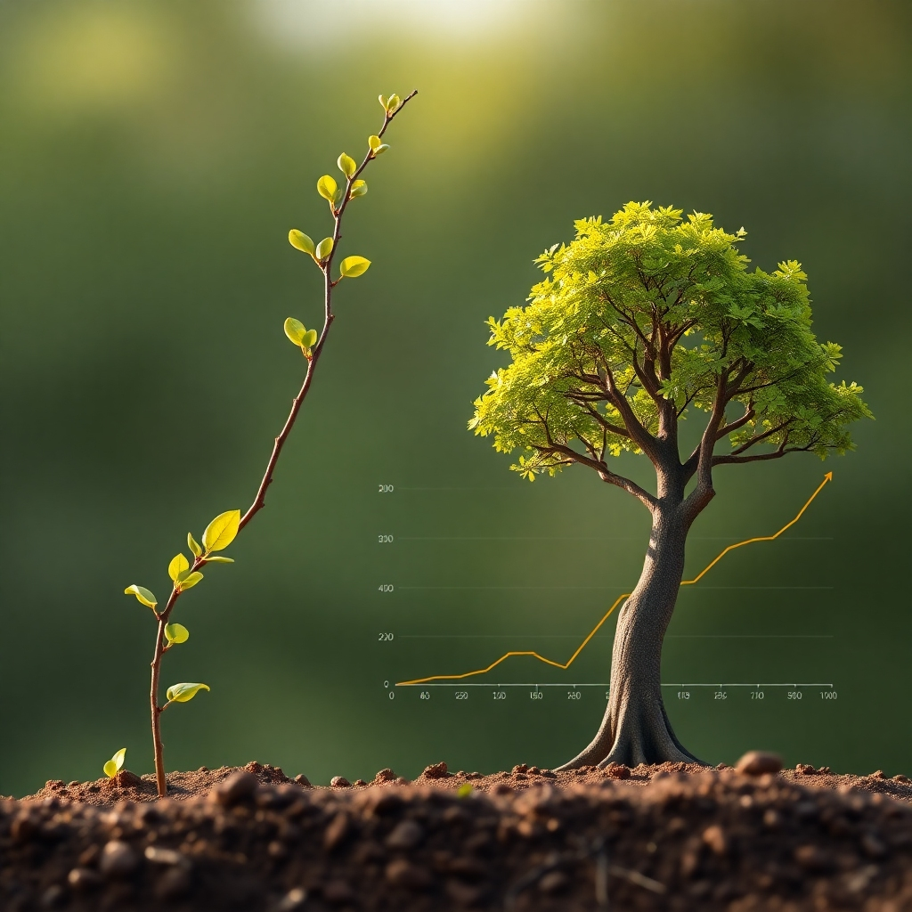 A young sapling growing tall with time-lapse effect, next to an older, fully grown, fruitful tree, next to a line graph showing growth over time. The scene should evoke a sense of longevity, wisdom, and strategic advantage to starting early. Style: Symbolic, educational, timeless. Color palette: Earthy greens and browns, warm gold highlights for growth.