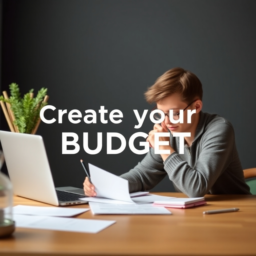  A hand writing in a budget planner with a pen, surrounded by financial tools like a calculator, bills, and a laptop. The scene is well-organized and clean, emphasizing the importance of planning and discipline. Style: Practical, organized, and detailed. Color palette: Greens, whites, and blues.