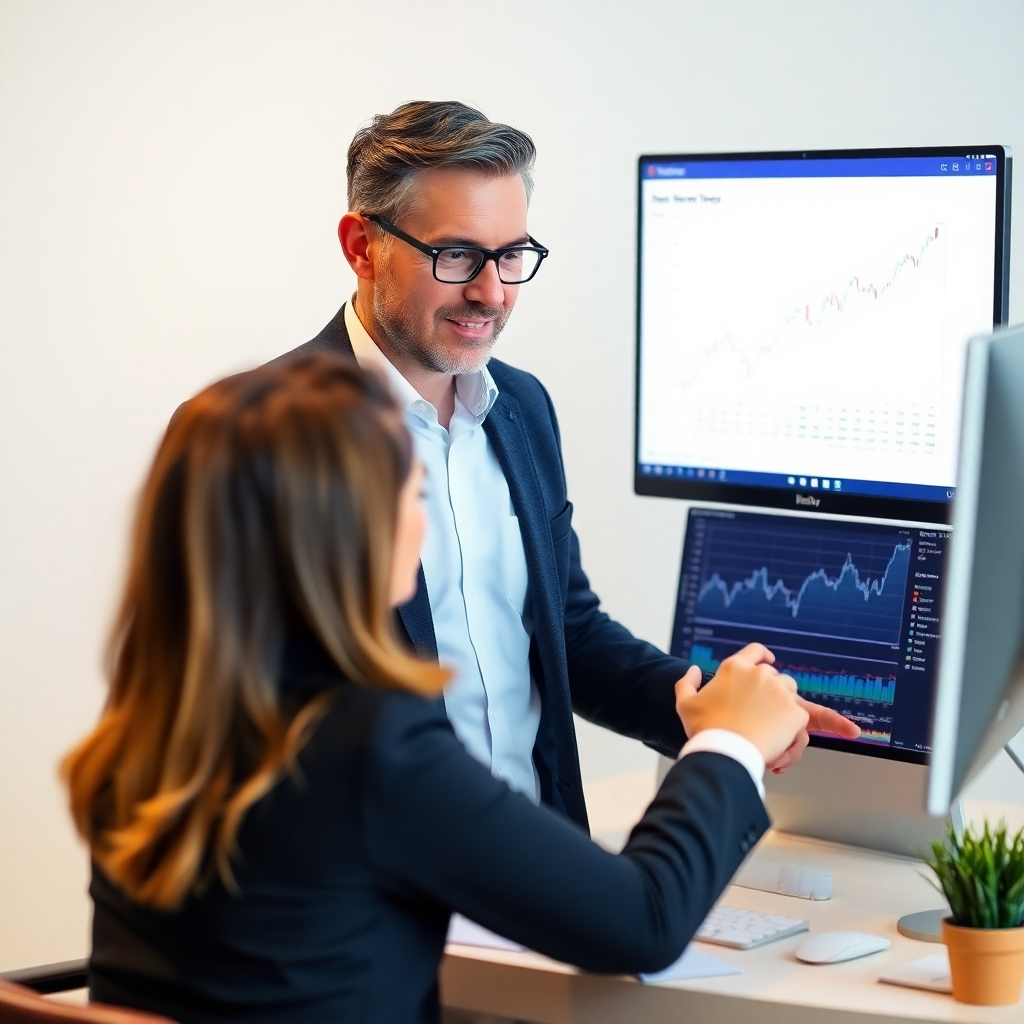 Two people sitting at a desk, reviewing financial documents and discussing investment strategies. The scene is professional and collaborative, emphasizing the value of expert guidance. The advisor is pointing at a growth chart displayed on a monitor. Style: Professional, collaborative, trustworthy. Color palette: Blues, grays, and greens.