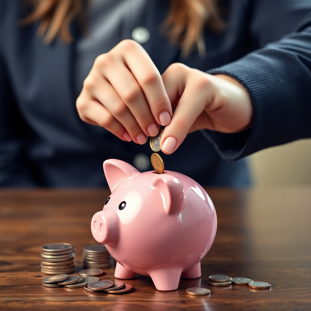 A piggy bank with coins being dropped into it, with a visual representation of a growing savings account in the background. The scene is bright and cheerful, emphasizing the ease and benefits of saving. Style: Simple, playful, and encouraging. Color palette: Greens, golds, and blues.