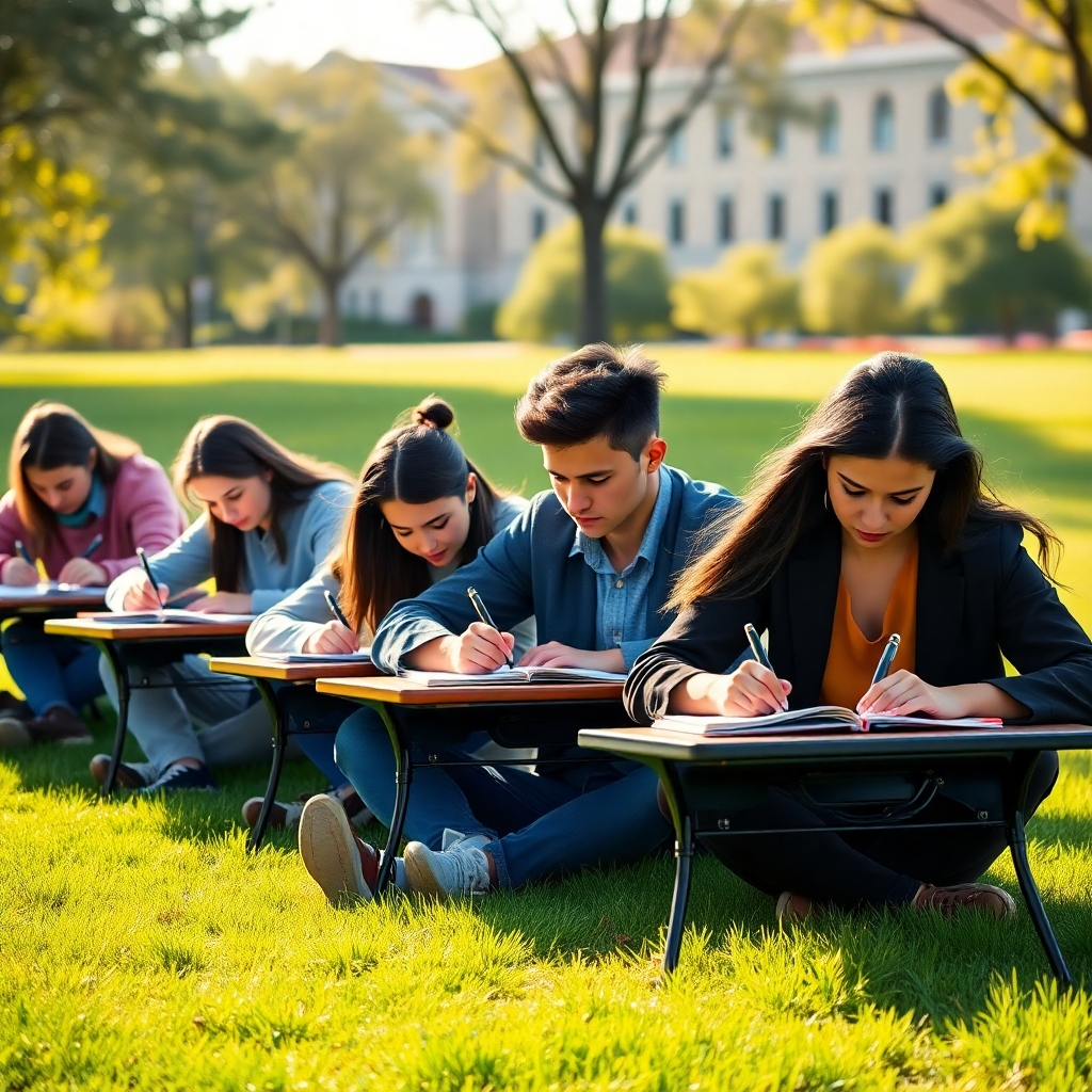 A hyperrealistic, 8K resolution image portraying a group of students intensely focused during a mock exam session outdoors on a vibrant university campus. The setting is a sunny day with soft, warm sunlight casting gentle shadows on the students.  The color palette is rich and engaging, with the lush green lawn of the campus as a backdrop, and the students' clothing expressing individual styles, but with a professional and studious ambiance. The composition includes several students sitting at individual desks, diligently working, with the University buildings subtly visible in the distance. The camera angle is slightly high, offering a commanding view of the focused students. The image should feature ultra-detailed textures: the feel of the paper, the smoothness of the pens, the slight sheen of the students’ skin, and the uneven texture of the grass underfoot.  The overall mood is serious and focused, suggesting dedication and academic rigor. The style should emulate the photographic style of Platon, with its attention to detail and human emotion. The image should be strikingly realistic, capturing the intensity of the exam-preparation experience.